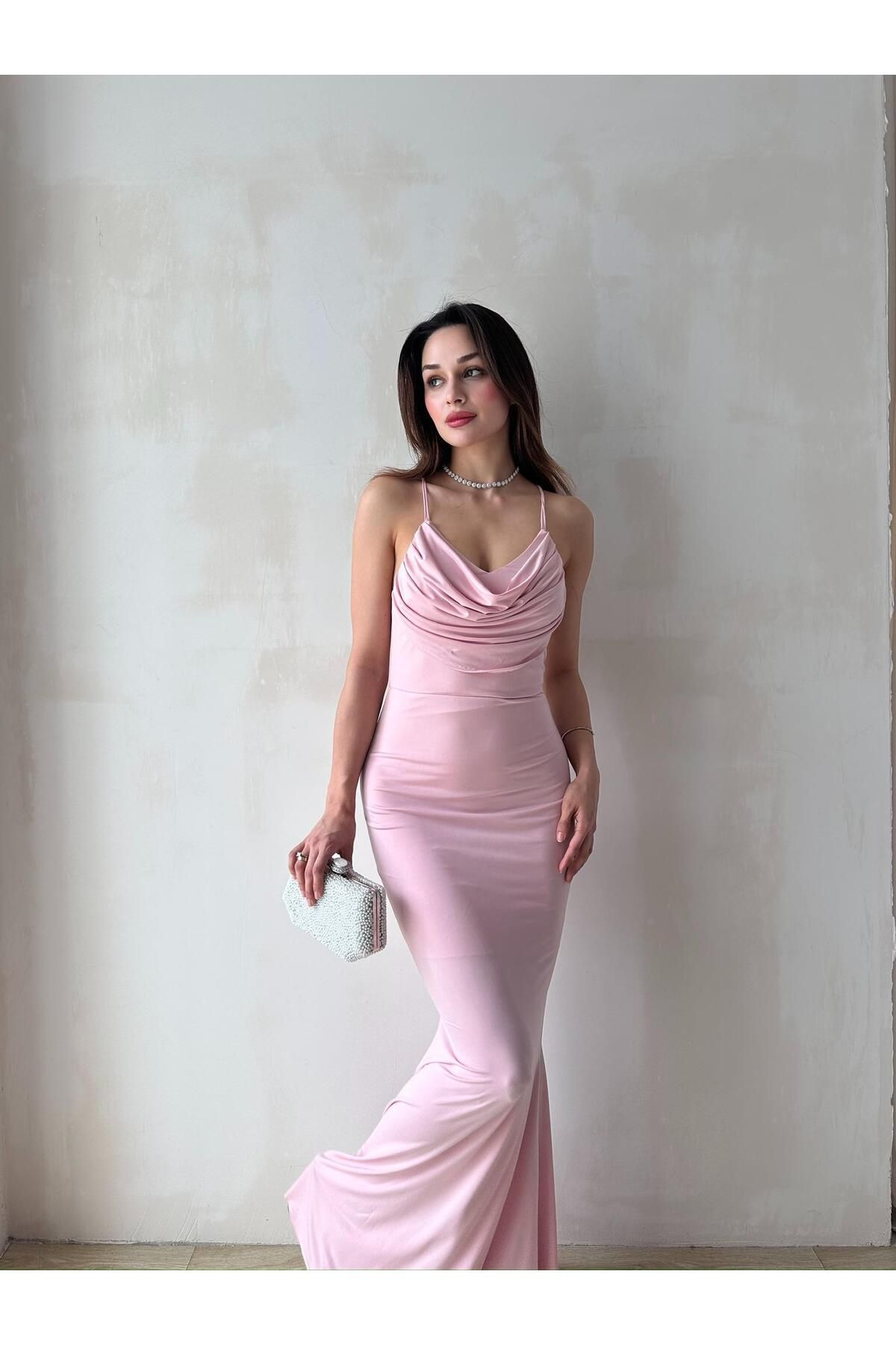 Mooi Butik TOKYO Maxi Elbise 5748 - Pudra
