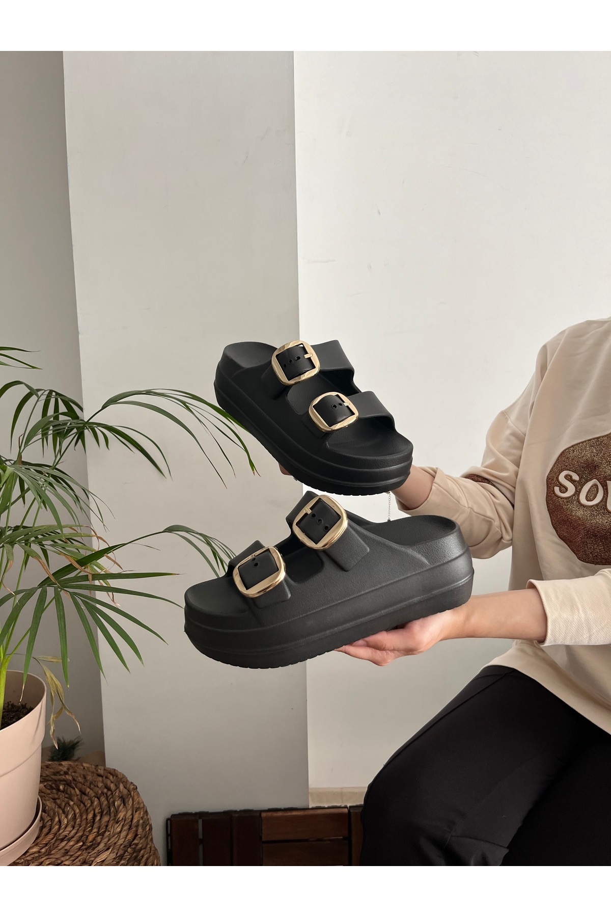 Behtah Kundura-High Double Buckle Thick Soled Slide Slippers Garden Beach Pool Sea Summer Daily Slippers 3