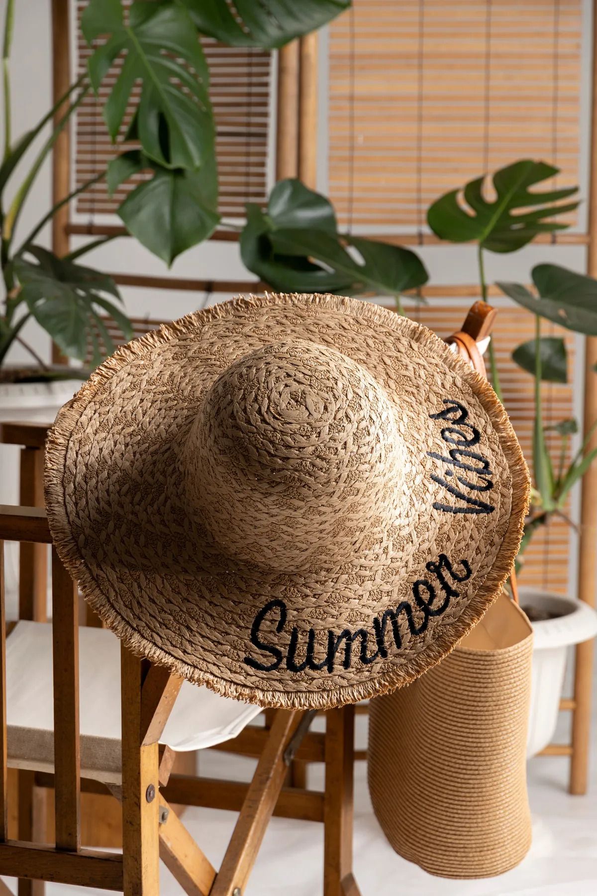 MARBERRY Camel Summer Vibes Nakışlı Geniş Hasır Kadın Şapka