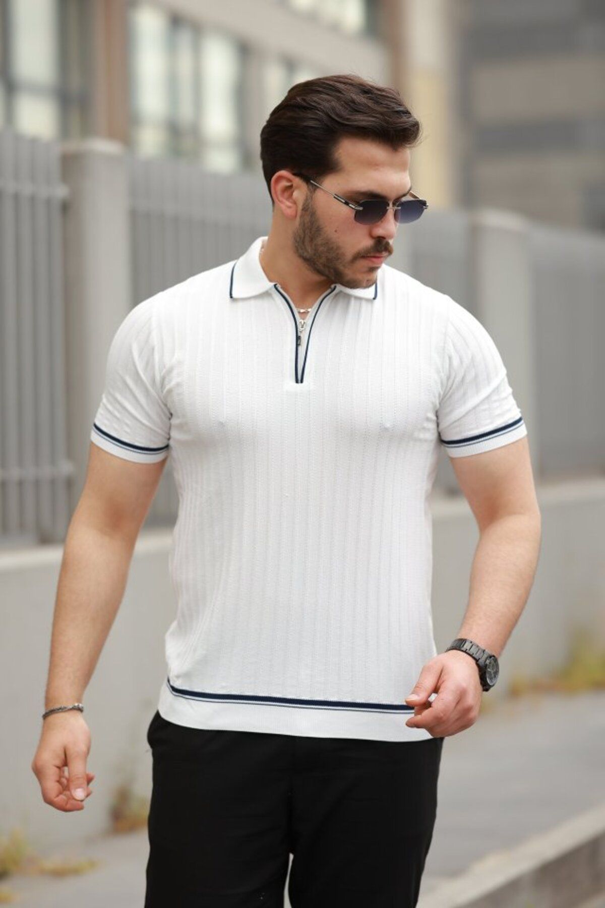 ESM Noche Erkek Fermuarlı Yakalı Kısa Kollu T-shirt