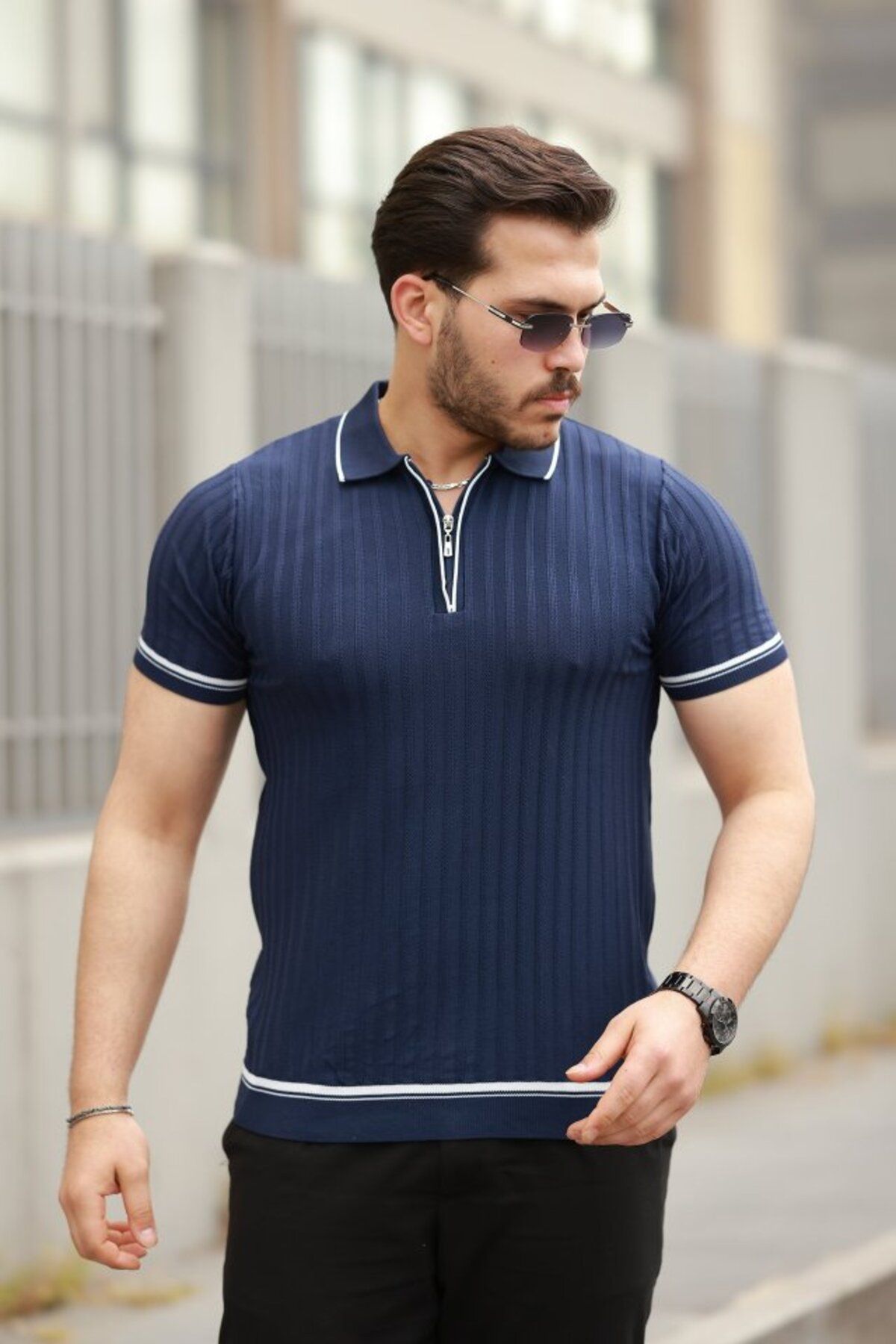 Moka Shopin MokaShopin Erkek Fermuarlı Yakalı Kısa Kollu T-shirt