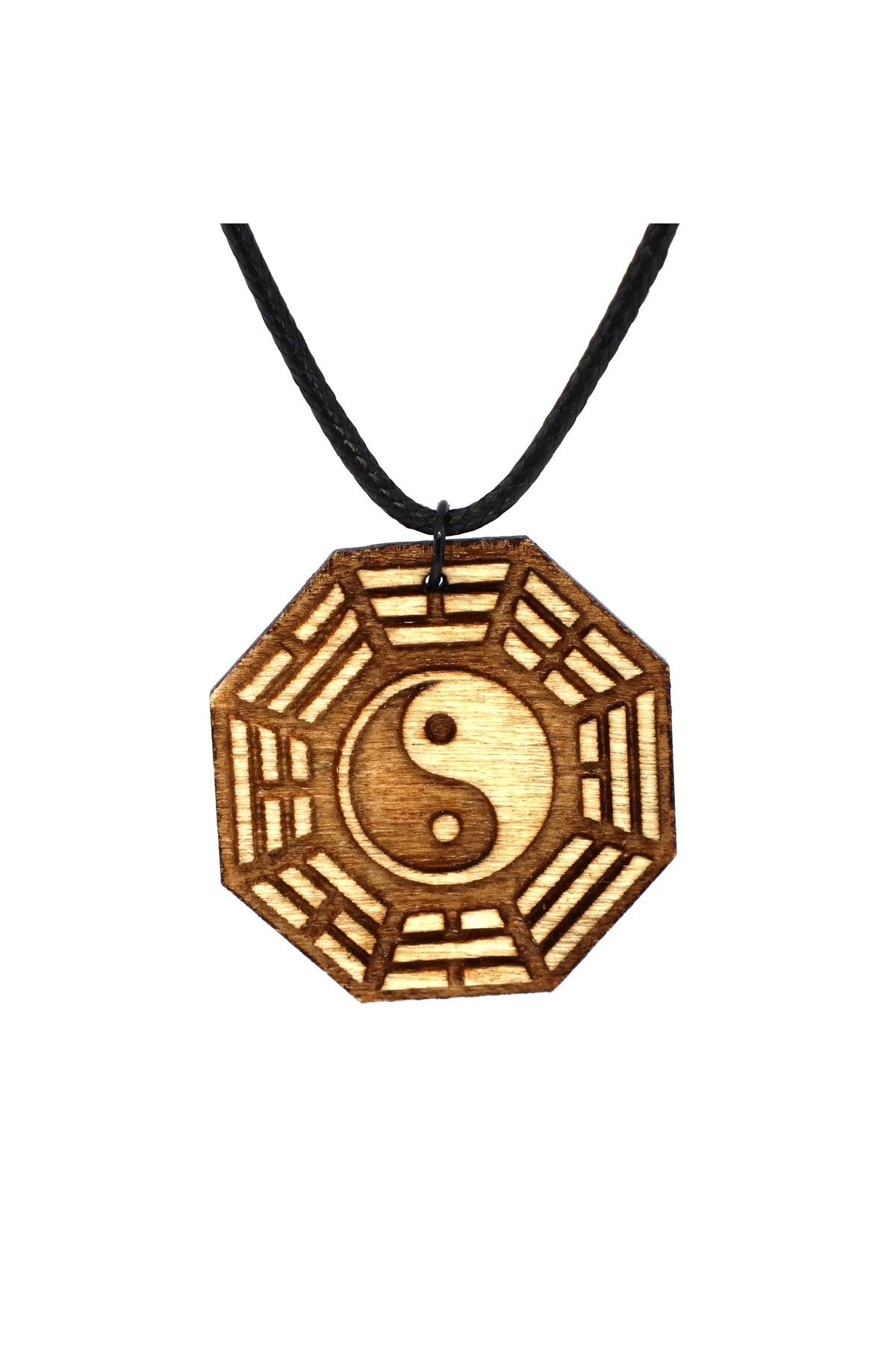 666 Yin Yang Bagua Chi Yaşam Enerjisi Denge Sembol Ahşap Kolye Ucu Deri İp Rölyef Kabartmalı El Yapımı