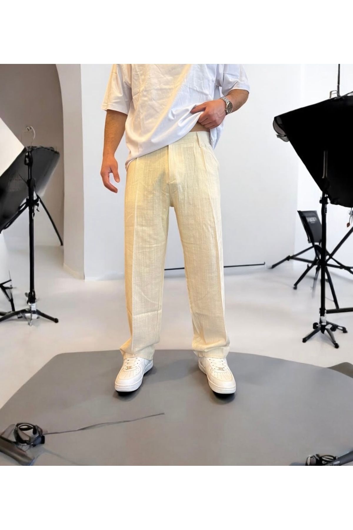 oraystore Keten Beli Düğmeli Krem Baggy Pantolon