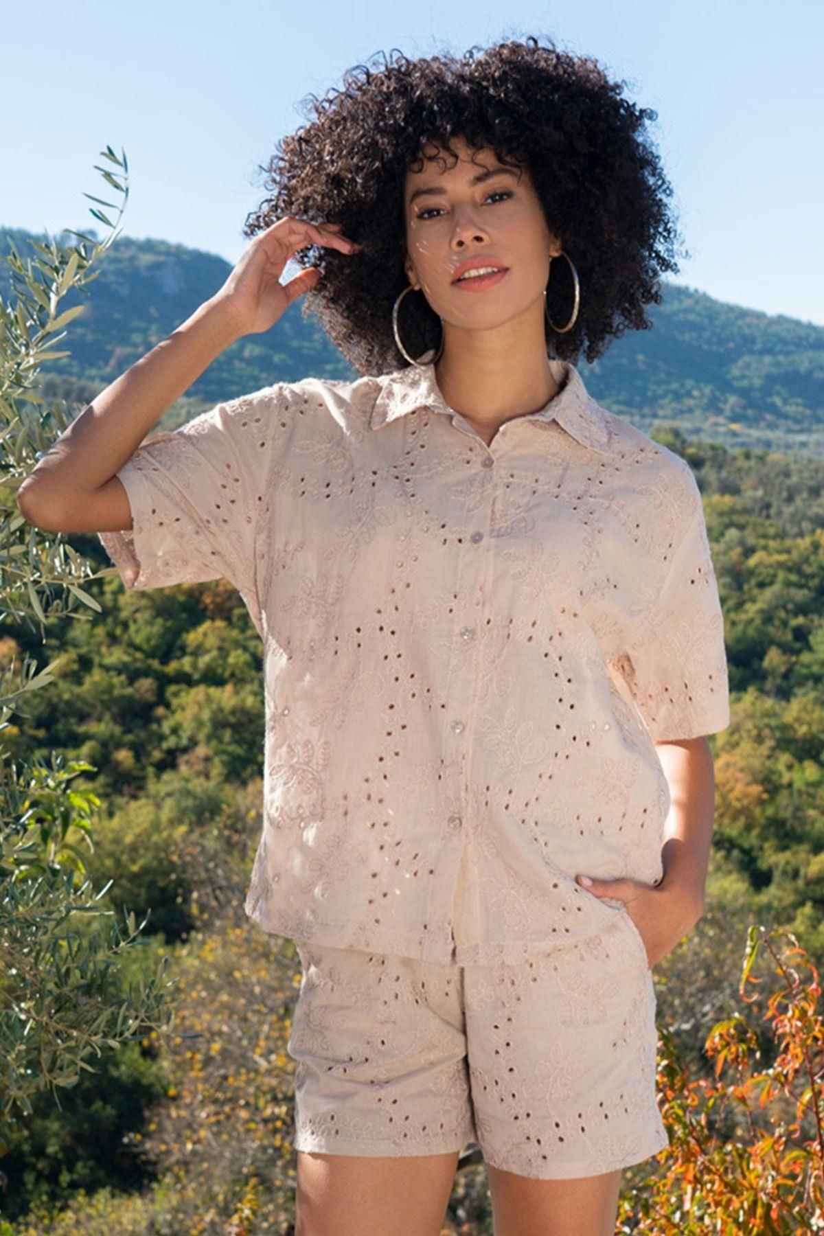 Shop58 410065 VİENETTA KADIN KORDONE NAKIŞLI KISA KOL GÖM