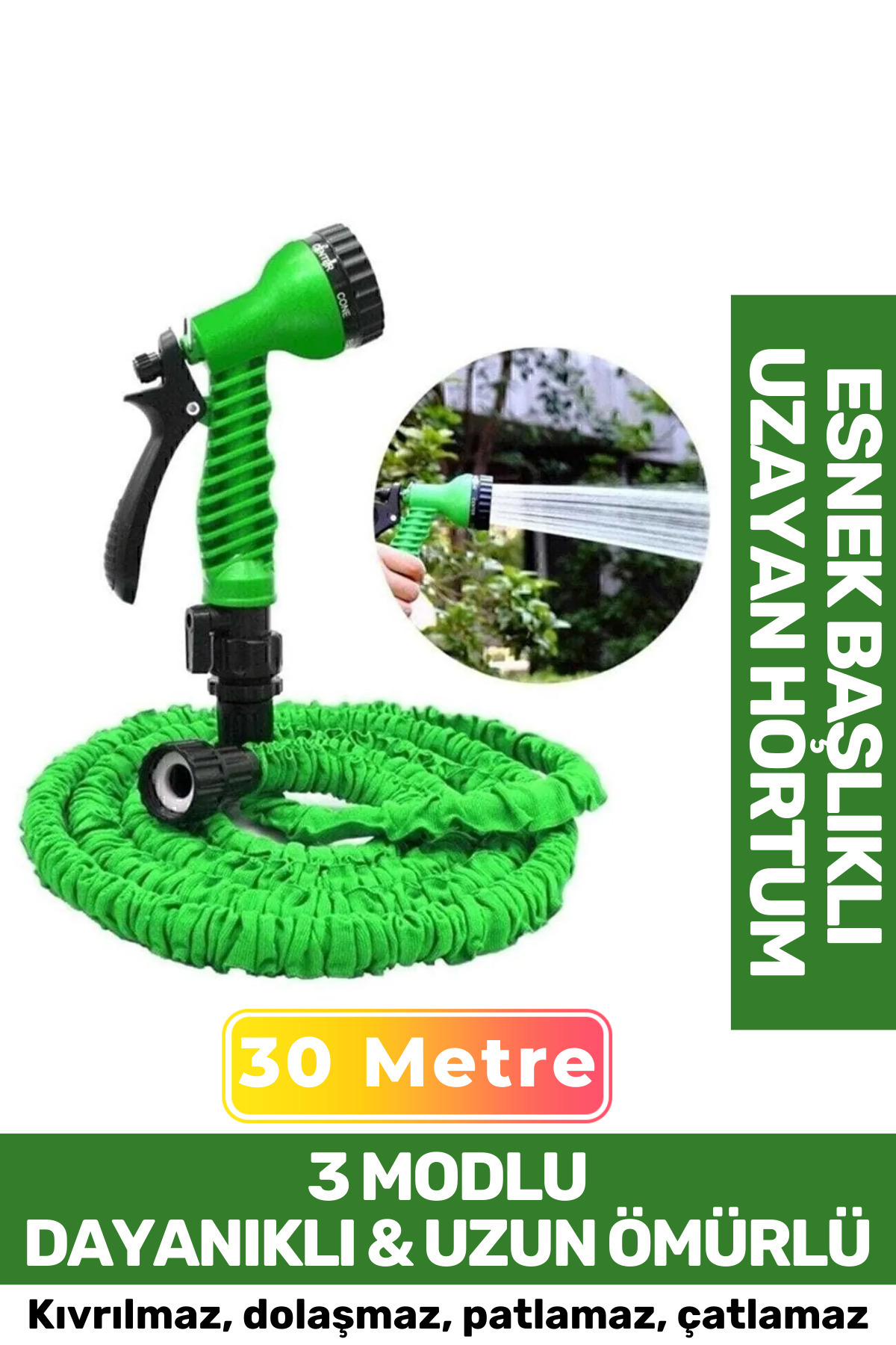 Carlburn Premium Dolaşmaz Kırılmaz 7 Kademe Uzayan Bahçe Sulama Araç Yıkama Tabancalı 30 Metre Sihirli Hortum