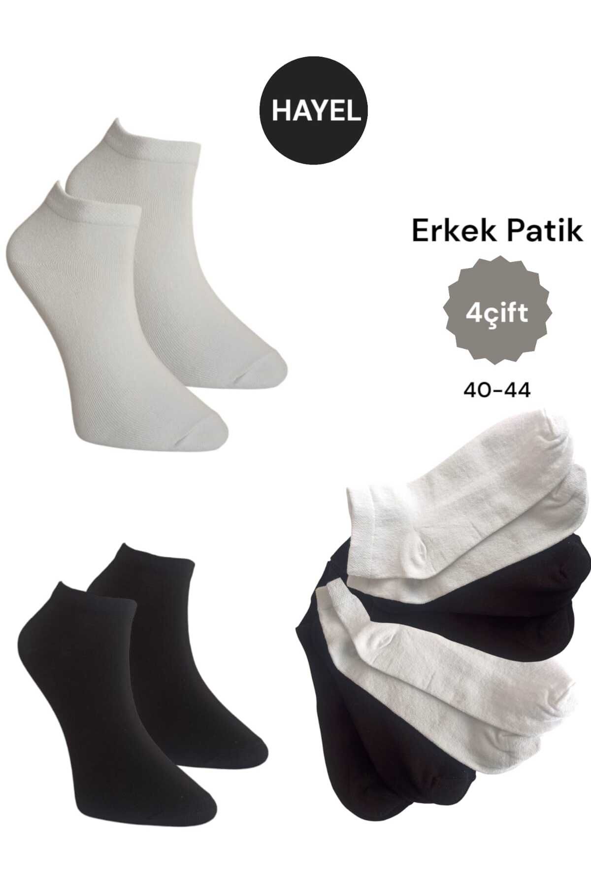HAYEL 4Çift Siyah Beyaz Düz Renkli Pamuk Erkek Patik Çorap Bilek Boy Kısa Çorabı