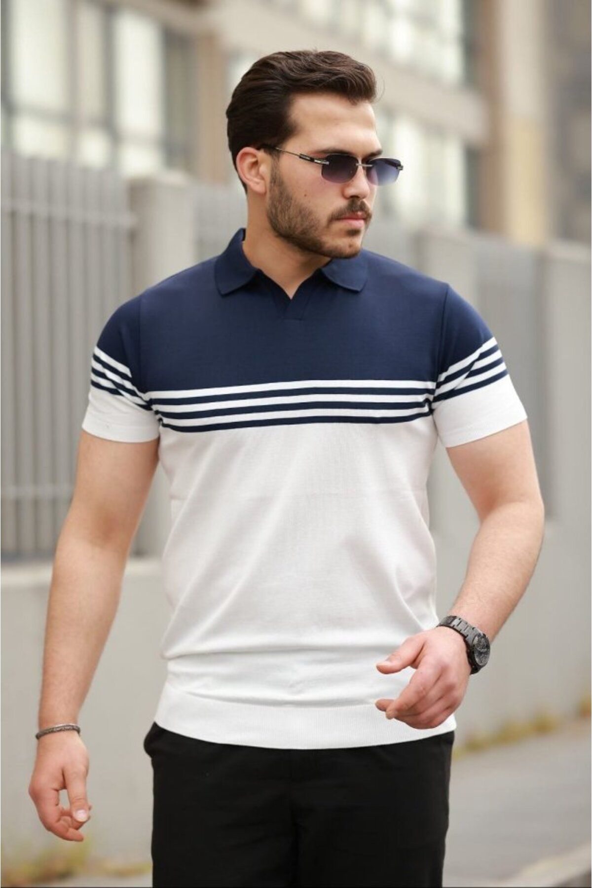 fh fashionhere Erkek Yakalı Parça Renk Kısa Kollu T-shirt