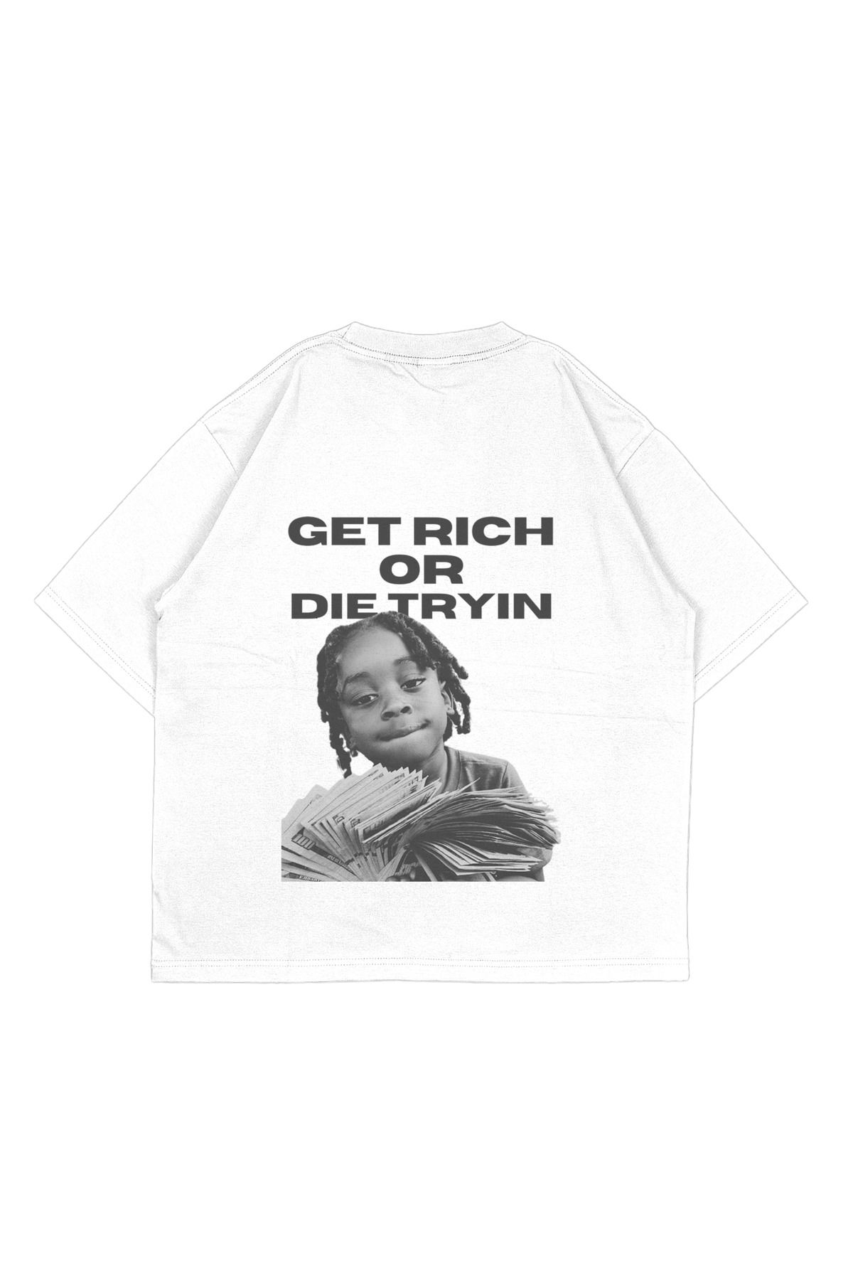 Tresore Get Rich or Die Tryin Baskılı Oversize Nakış Detaylı Tişört/ Oversize Tişört / Tasarım Tişört