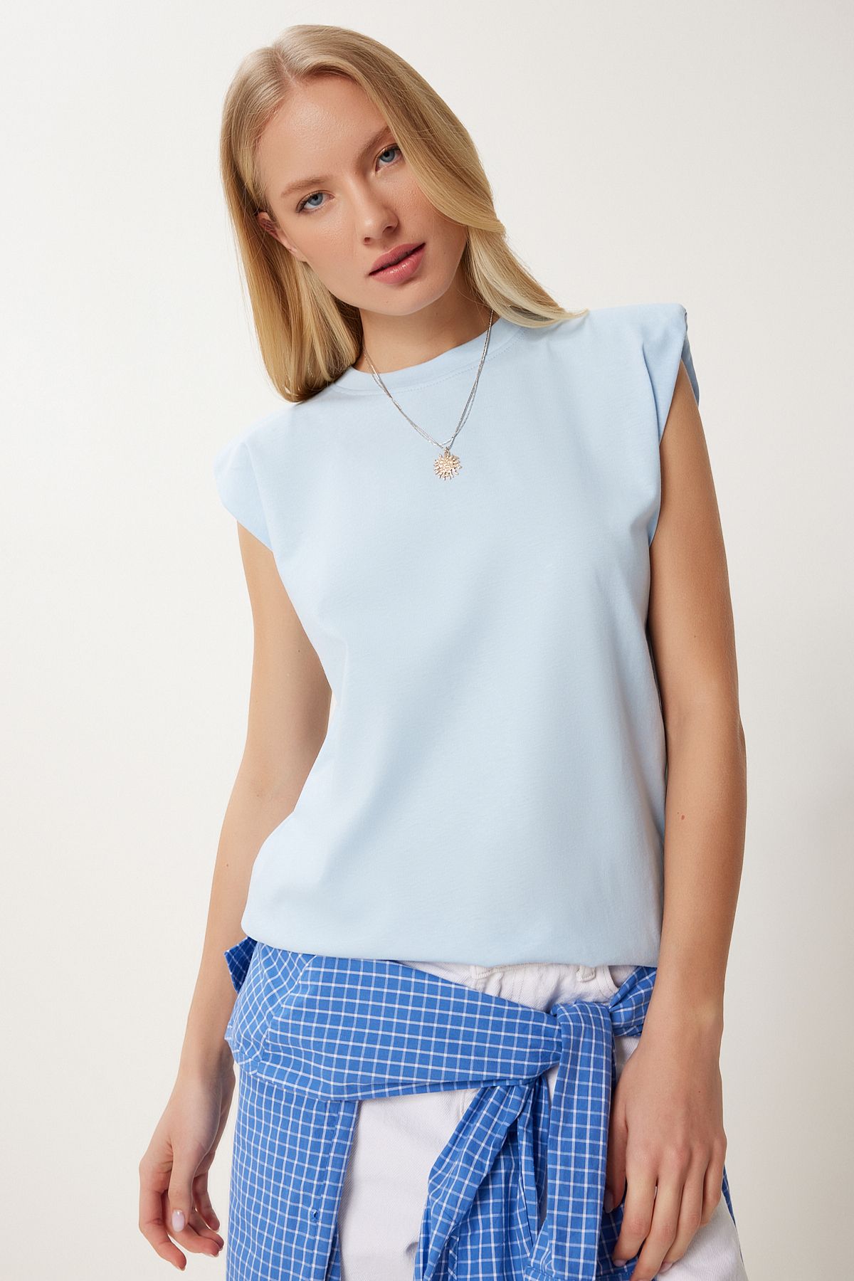 Lovelyİstanbul Vatkalı Pamuklu Örme T-shirt GÖK MAVİ LUB0109