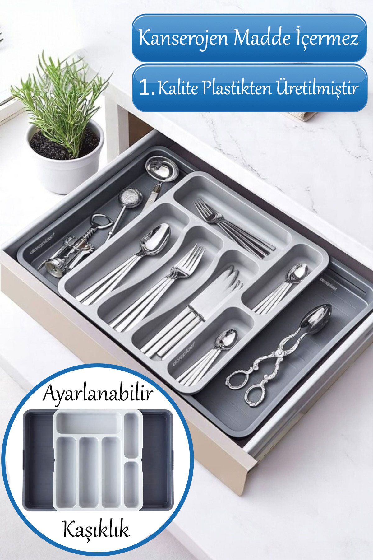 GLASWEN Gri Ayarlanabilir Çift Taraflı Çekmece Içi Uzayabilen Kaşıklık Çatal Bıçaklık Düzenleyici Kepçelik