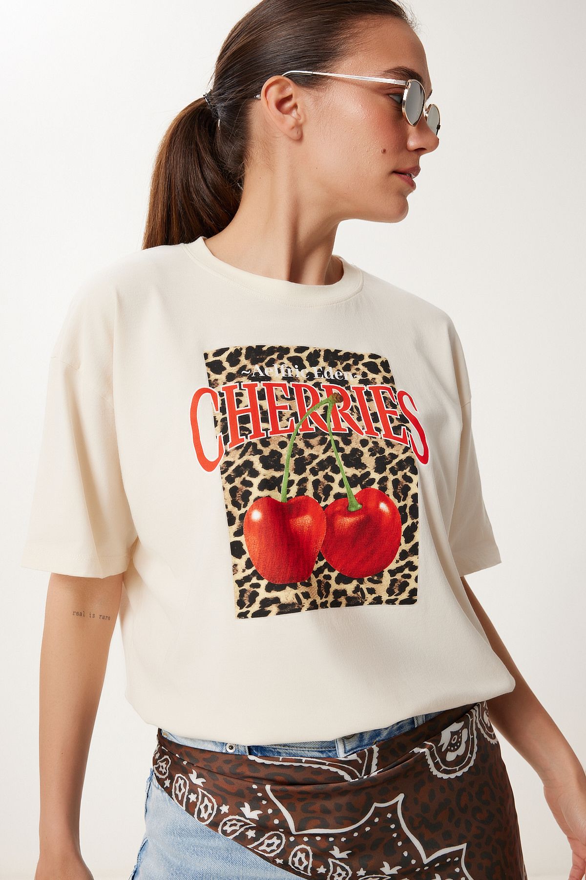 Lovelyİstanbul Baskılı Pamuklu Örme T-shirt KREM LUS0147