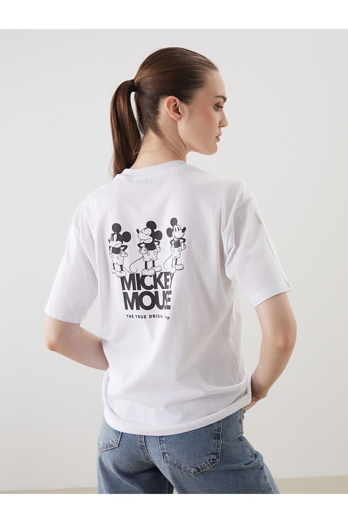 LC Waikiki Bisiklet Yaka Mickey Mouse Baskılı Oversize Kadın Tişört
