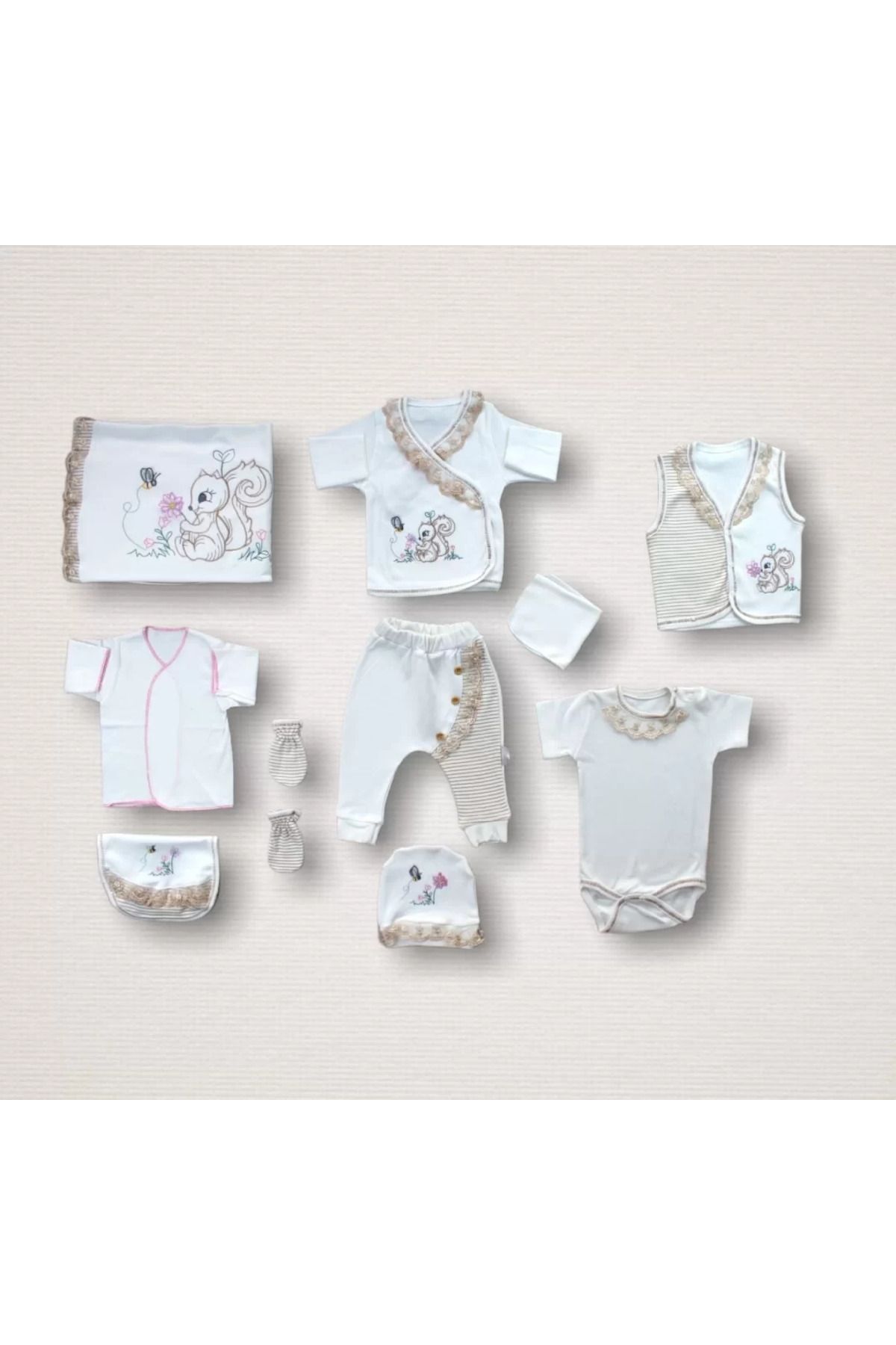 onlinebutik Minik Sincap Nakışlı %100 Cotton Antibakteriyel 10lu Zıbın Takımı Hastane Çıkışı Ekru