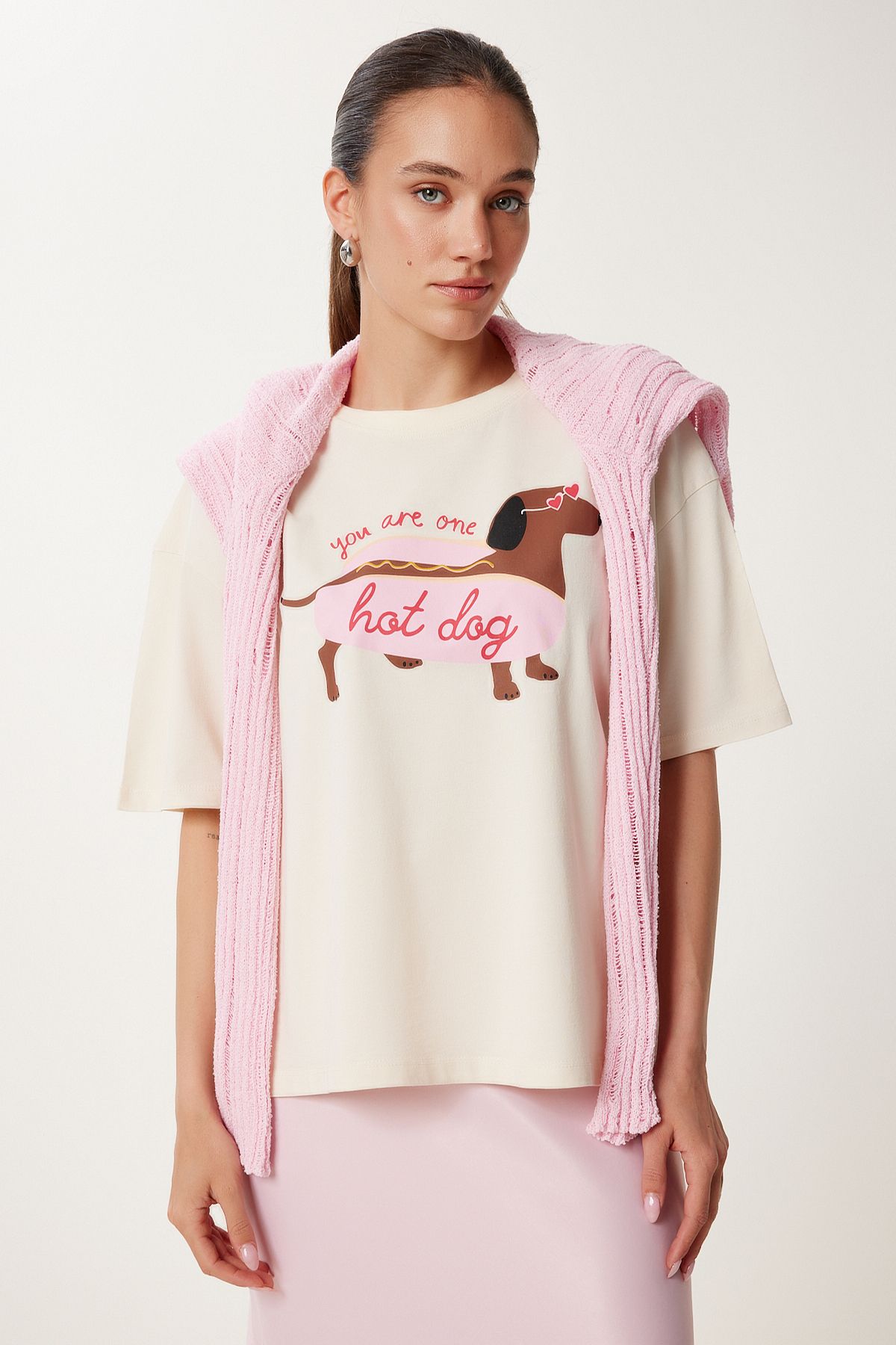 Lovelyİstanbul Baskılı Pamuklu Örme T-shirt KREM LUS0142
