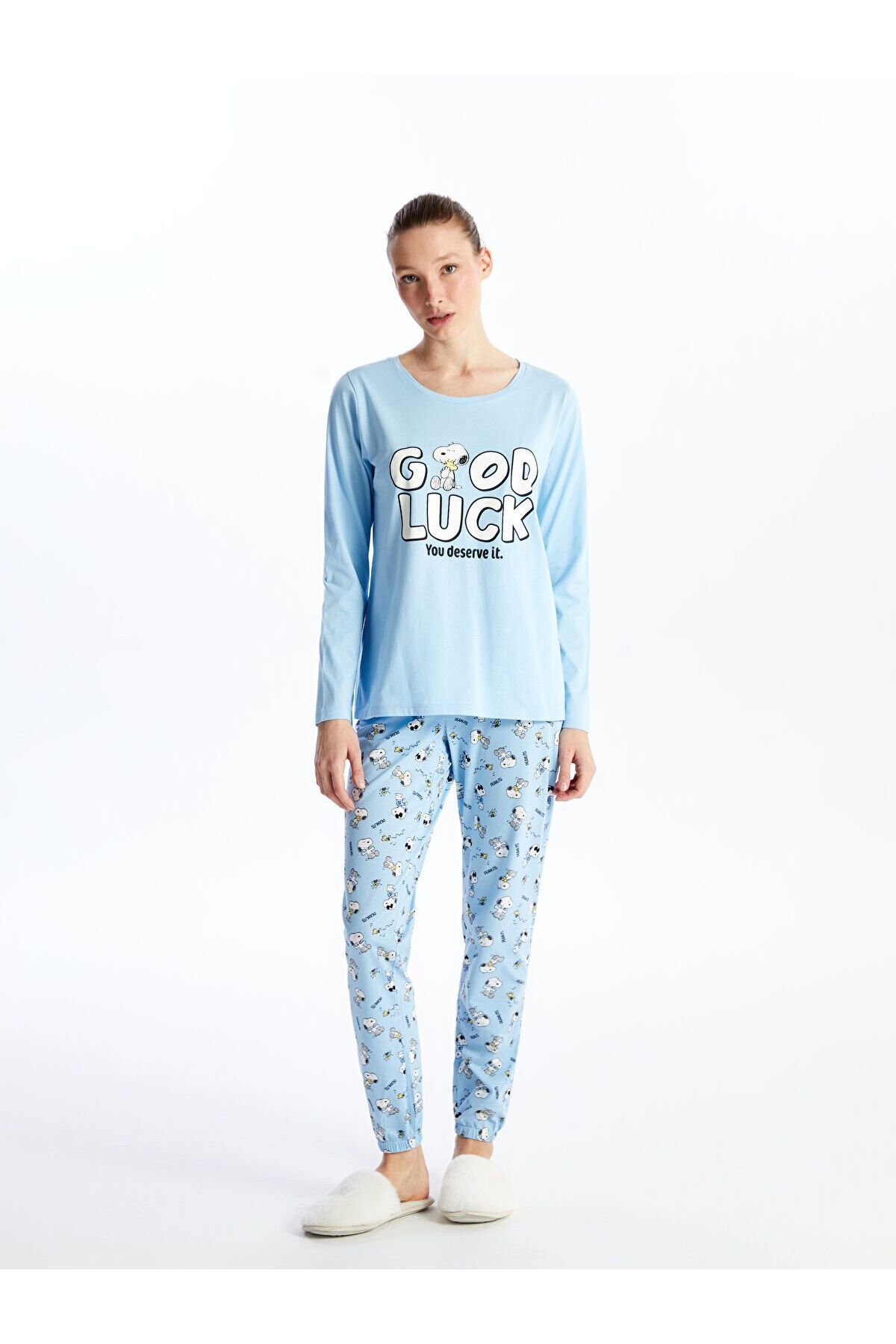 LC Waikiki Bisiklet Yaka Snoopy Baskılı Uzun Kollu Kadın Pijama Takımı