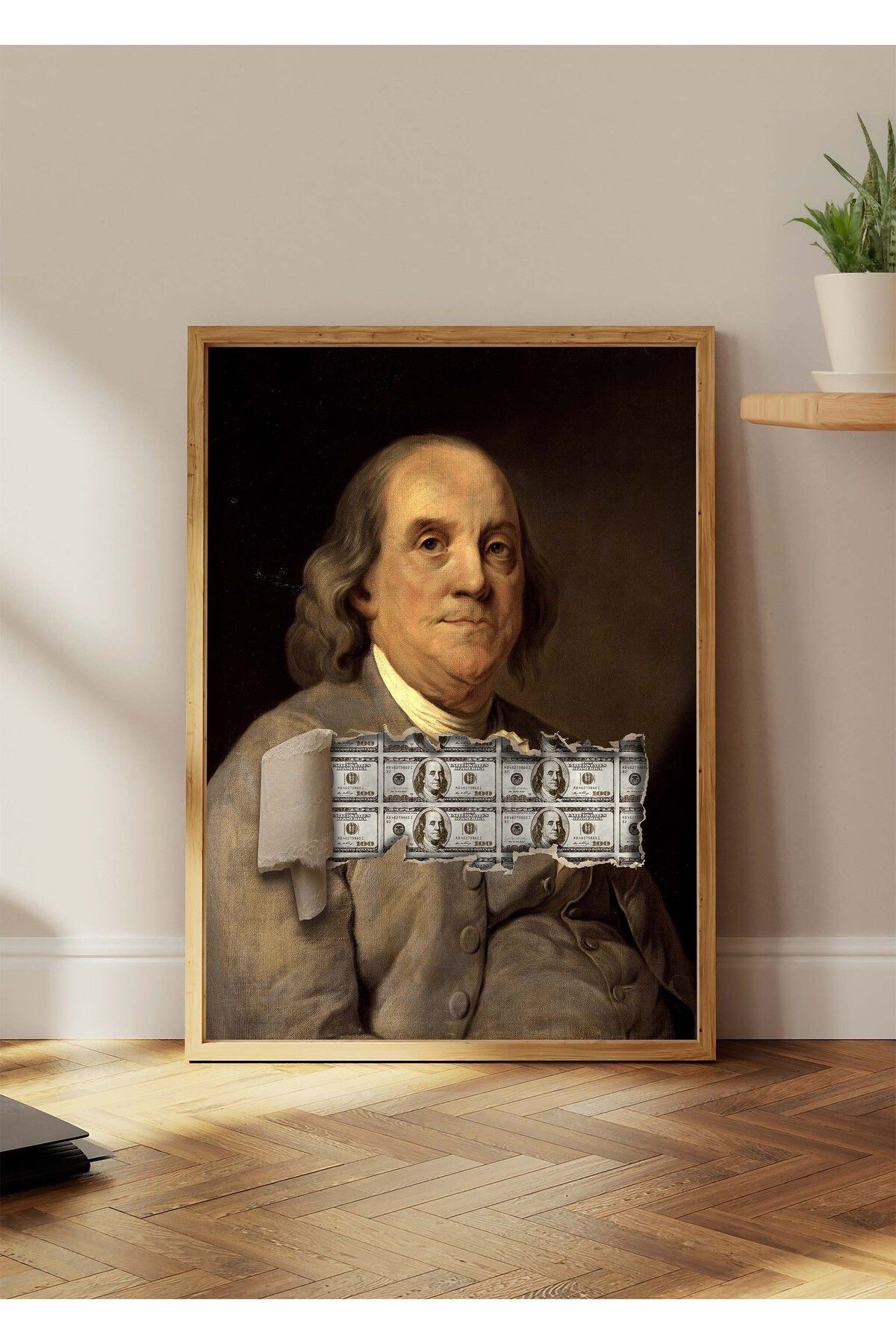 Huca Benjamin Franklin - Yırtık Dolar Poster - Vintage - Minimalist - Boho - Tablo Poster - Çerçevesiz