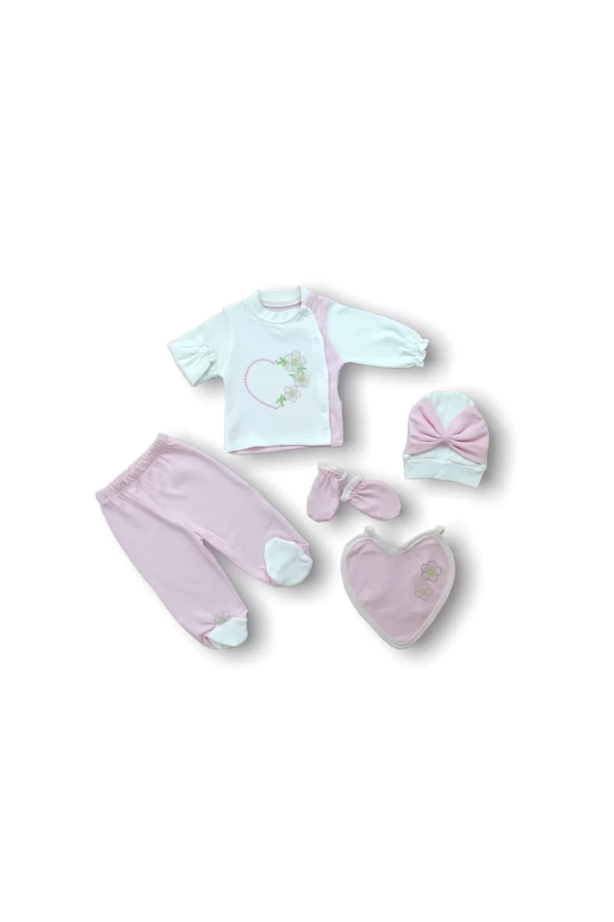 onlinebutik Baharın Çiçekli Kalbi Nakışlı %100 Cotton Antibakteriyel 5li Zıbın Takımı Hastane Çıkışı Pembe