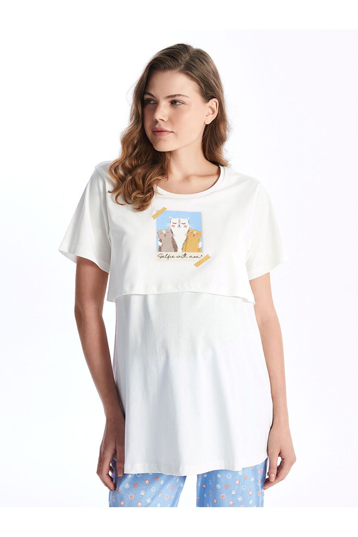 LC Waikiki Bisiklet Yaka Baskılı Kısa Kollu Hamile Pijama Takımı
