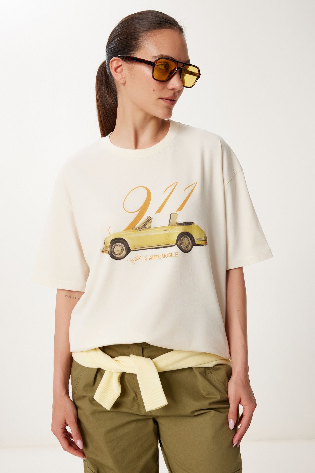 Lovelyİstanbul Baskılı Pamuklu Örme T-shirt KREM LUS0149