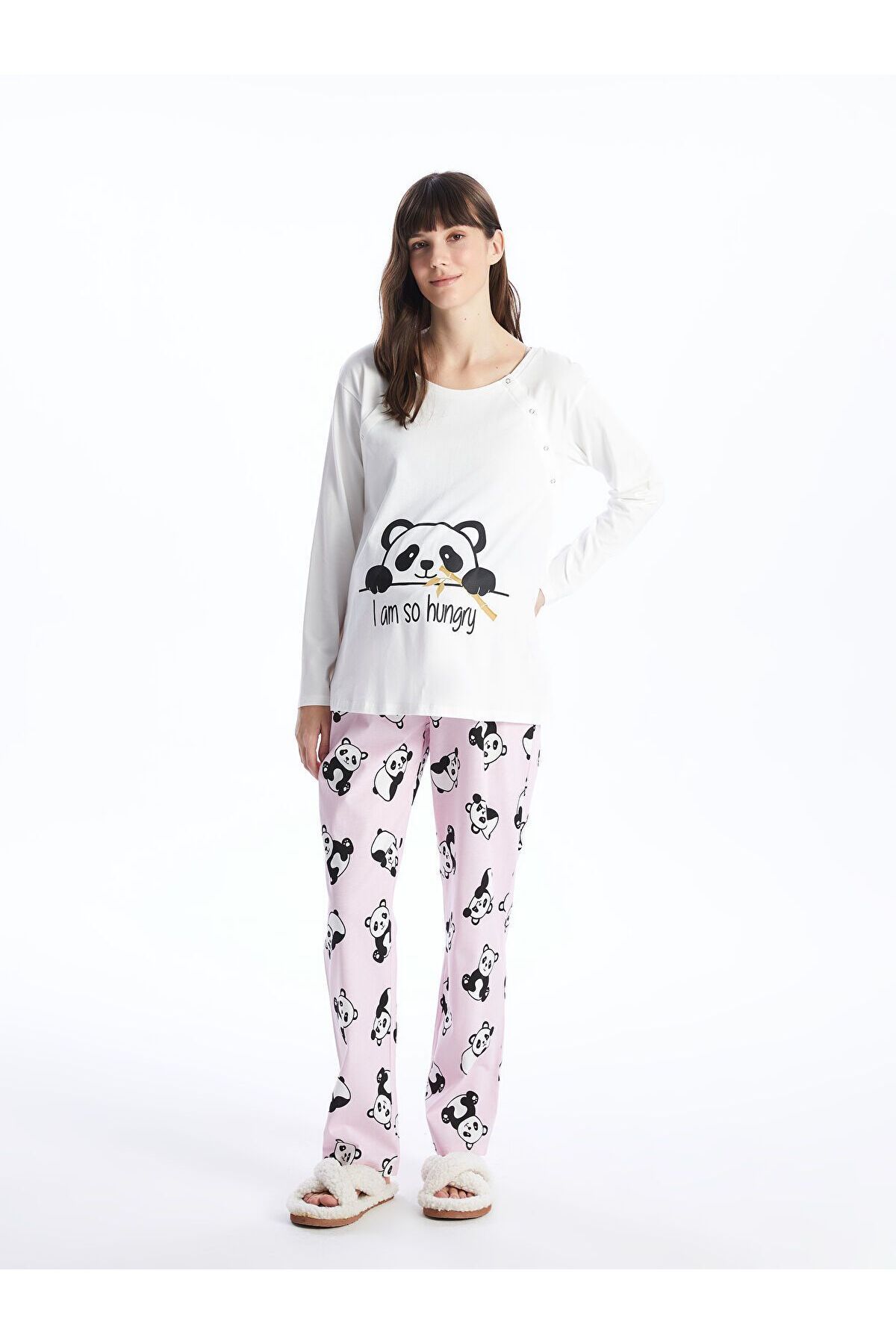 LC Waikiki Bisiklet Yaka Baskılı Uzun Kollu Hamile Pijama Takımı