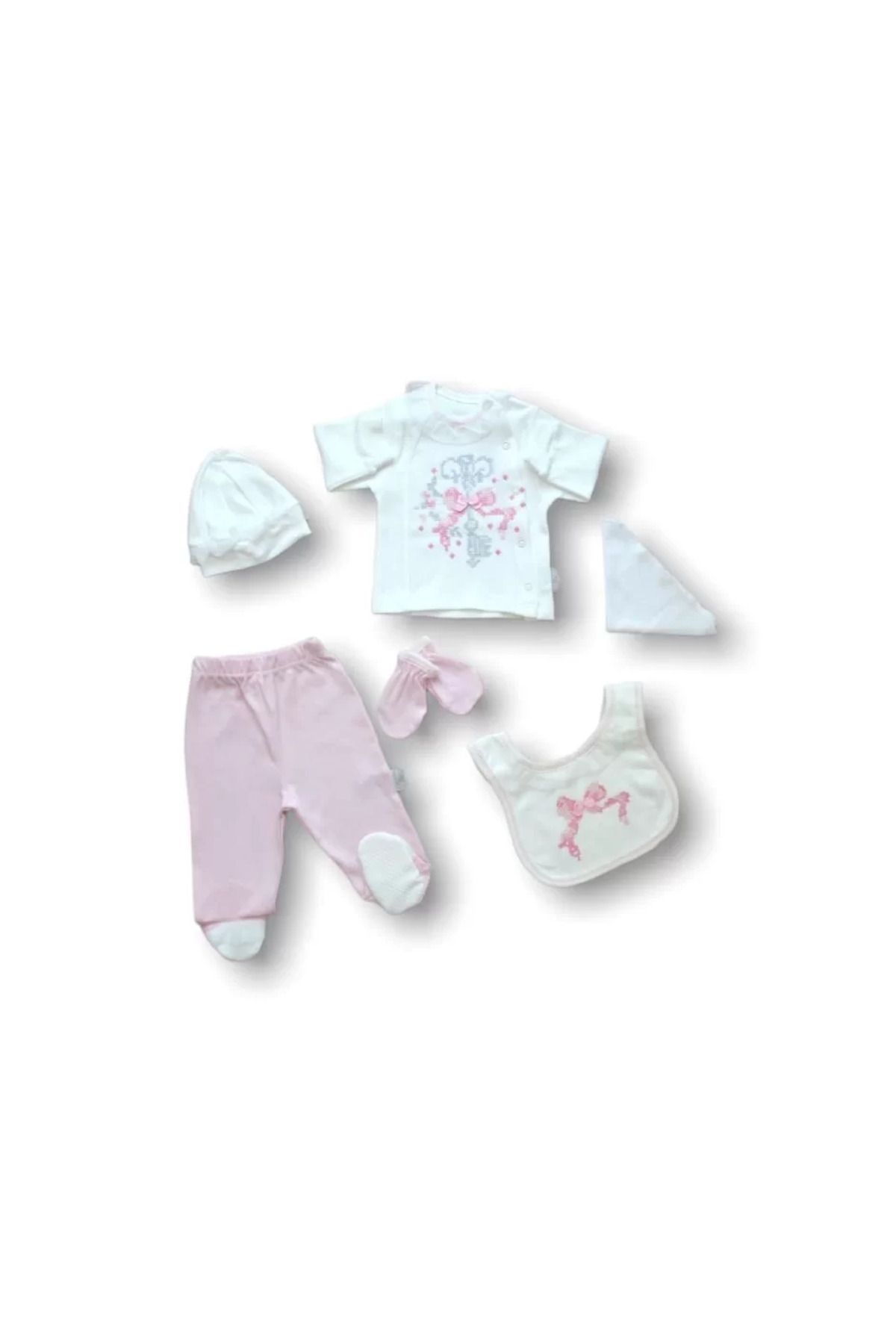 onlinebutik Kanaviçe Nakışlı %100 Cotton Antibakteriyel 5li Zıbın Takımı Hastane Çıkışı Pembe