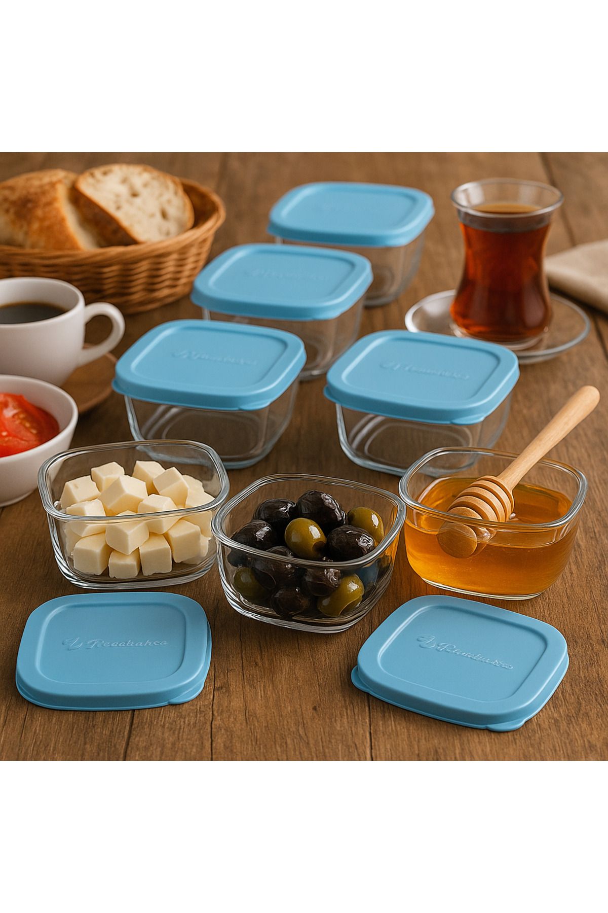 AYBABA STORE 6’lı Cam Saklama Kabı Seti 275ml – Mavi Kapaklı, Kahvaltılık ve Gıda Saklama Kabı & Servis Kasesi