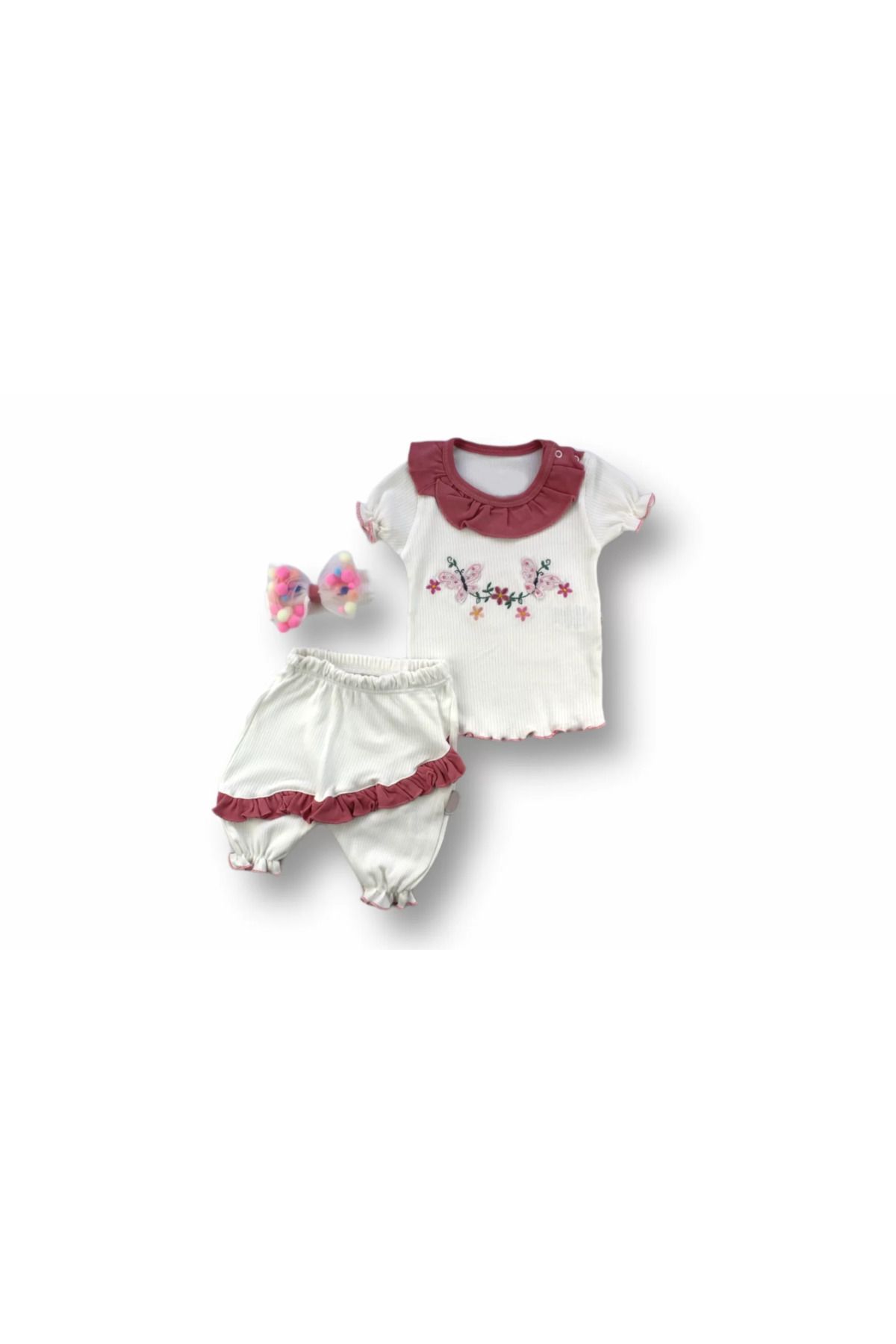 onlinebutik Çiçek Nakışlı Roman Şalvar Bandanalı Kısa Kollu Sweat 3lü Kız Bebek Takımı Nar Çiçeği