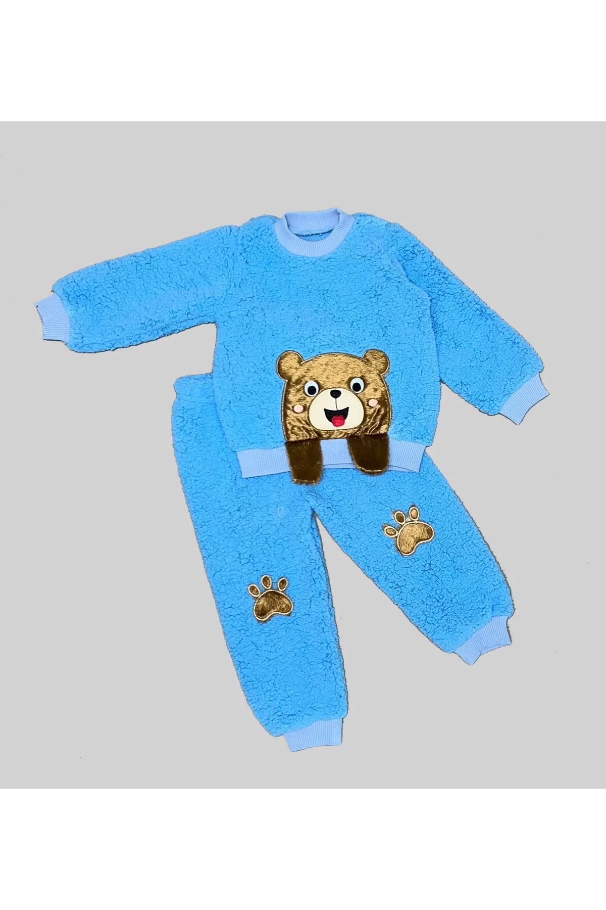 onlinebutik Sallanan El Ayıcıklı Kuzu Kumaş Sweat Patili Pantolon Uzun Kollu Kız Erkek 2 Li Takımı Saks Mavisi