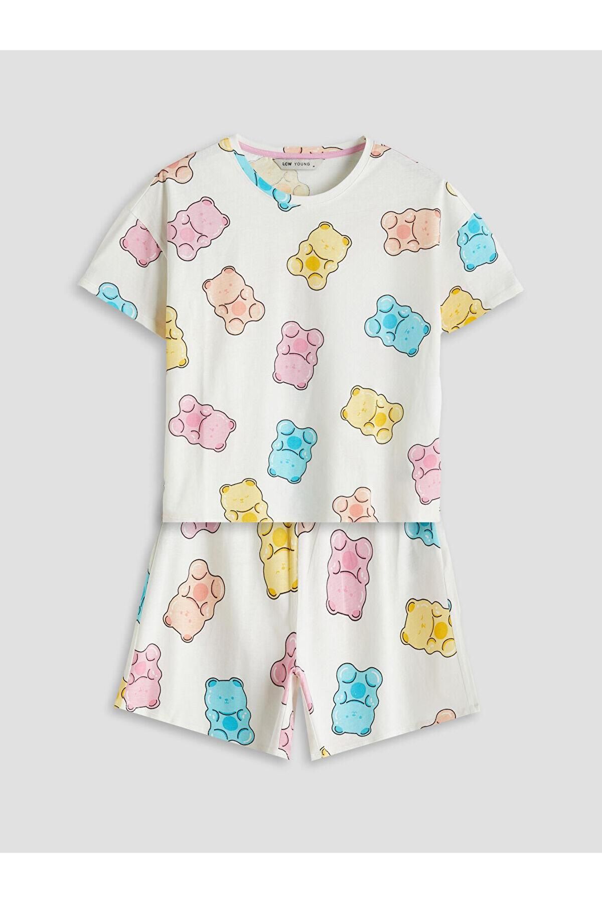 LC Waikiki LCW Young Bisiklet Yaka Desenli Kadın Şortlu Pijama Takımı (S5)