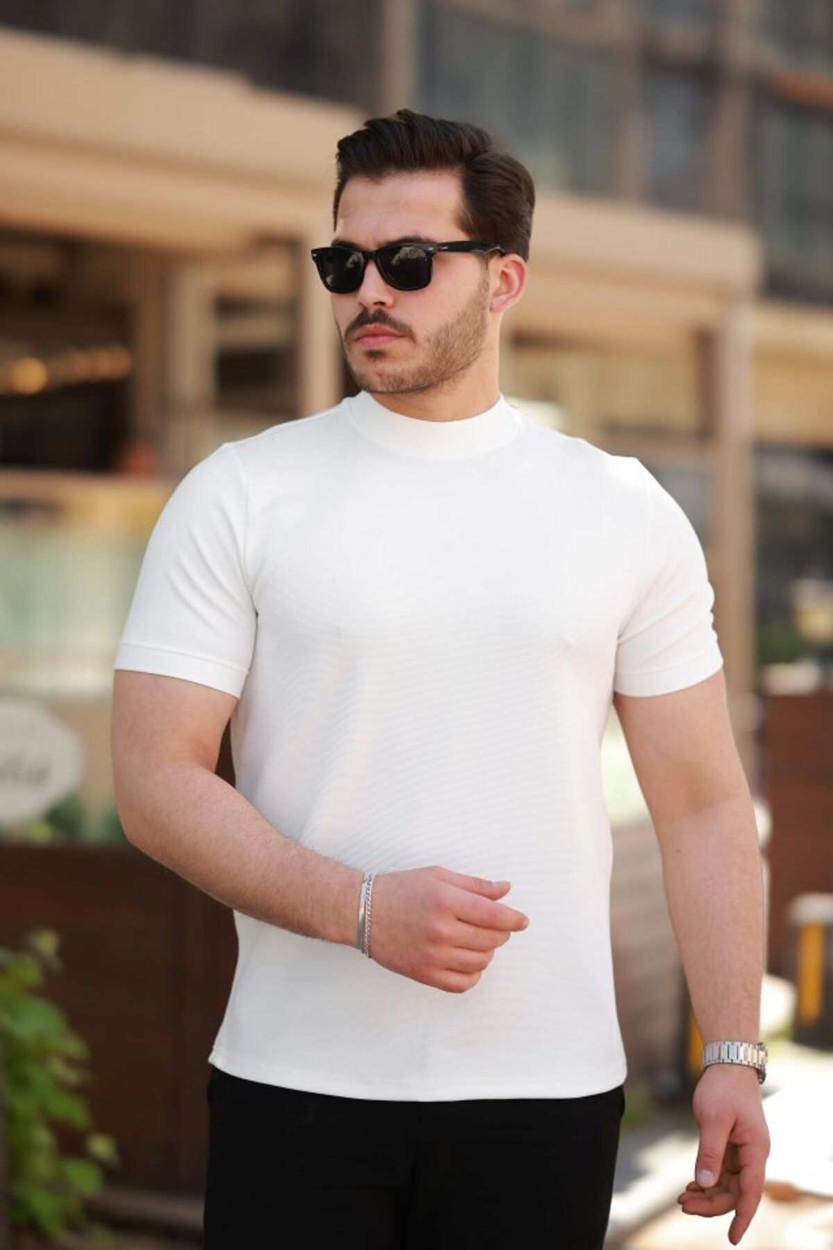 fh fashionhere Erkek Ince çizgi Dokulu Kısa Kollu T-shirt