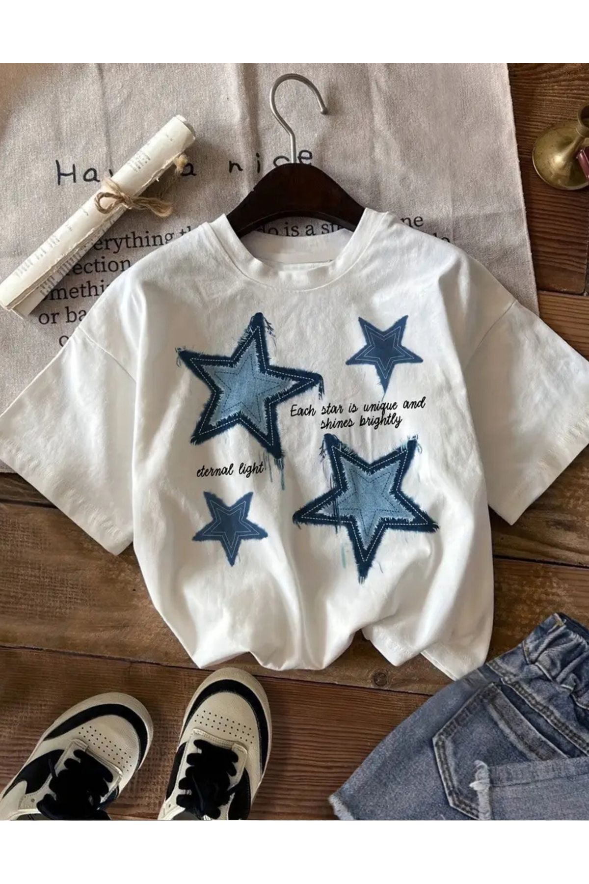 SAJA Unısex Kadın/Erkek Baskılı Oversize Düşük Kol Bisiklet Yaka T-Shirt