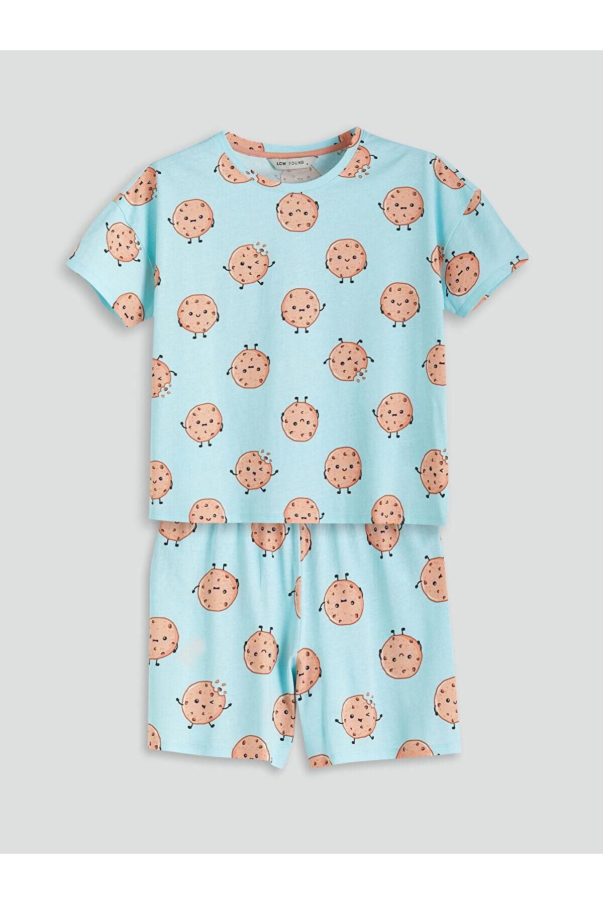 LC Waikiki LCW Young Bisiklet Yaka Desenli Kadın Şortlu Pijama Takımı (S5)
