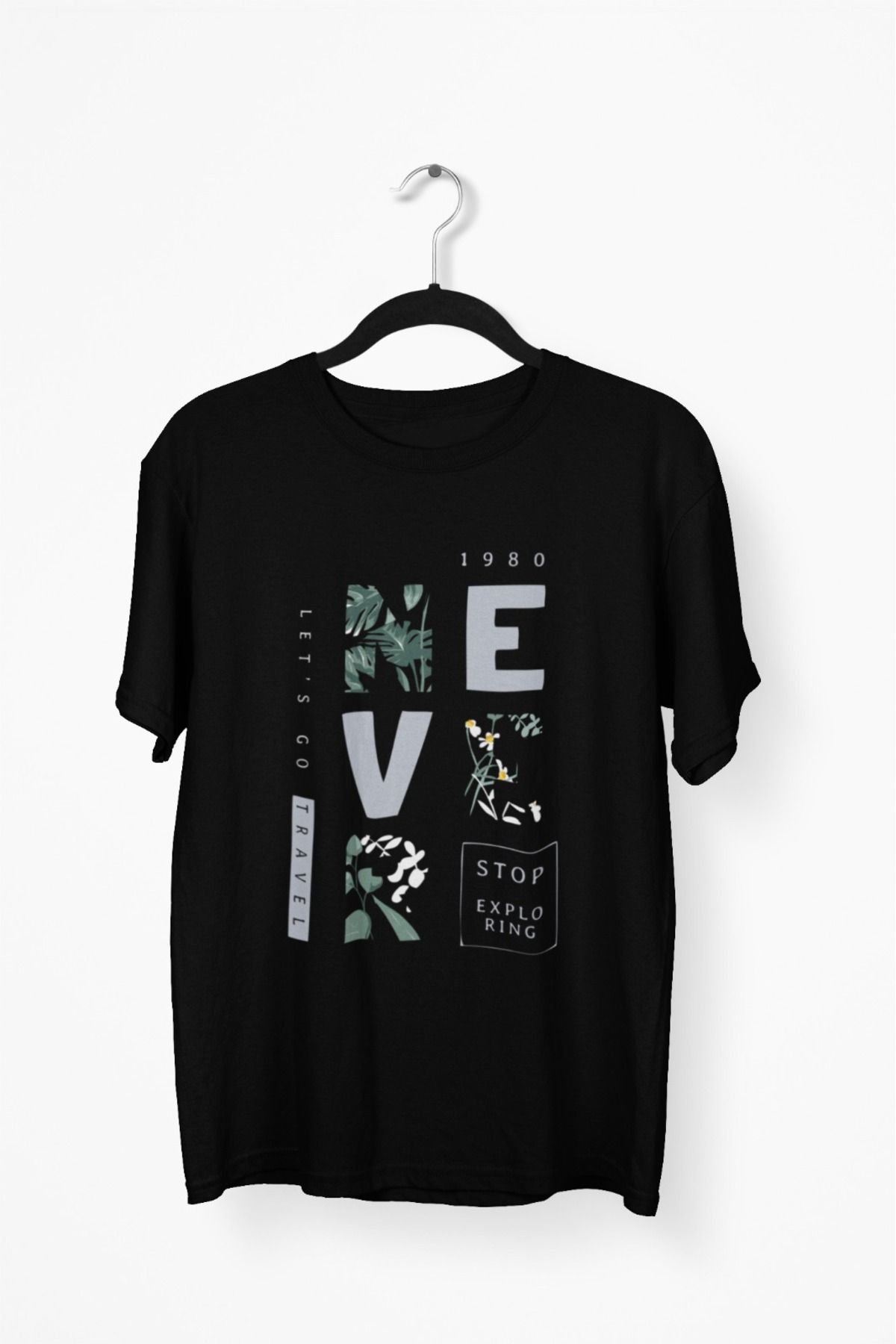 Butik ERKEK/KADIN -NEVER- TRANSFER BASKILI YUVARLAK YAKA KISA KOL TİŞÖRT