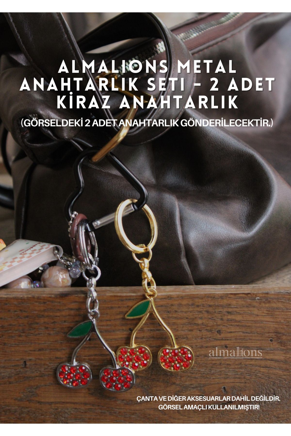 almalions Metal Kiraz Anahtarlıklar Altın ve Gümüş Çanta Süsü Anahtarlık 2 Adet