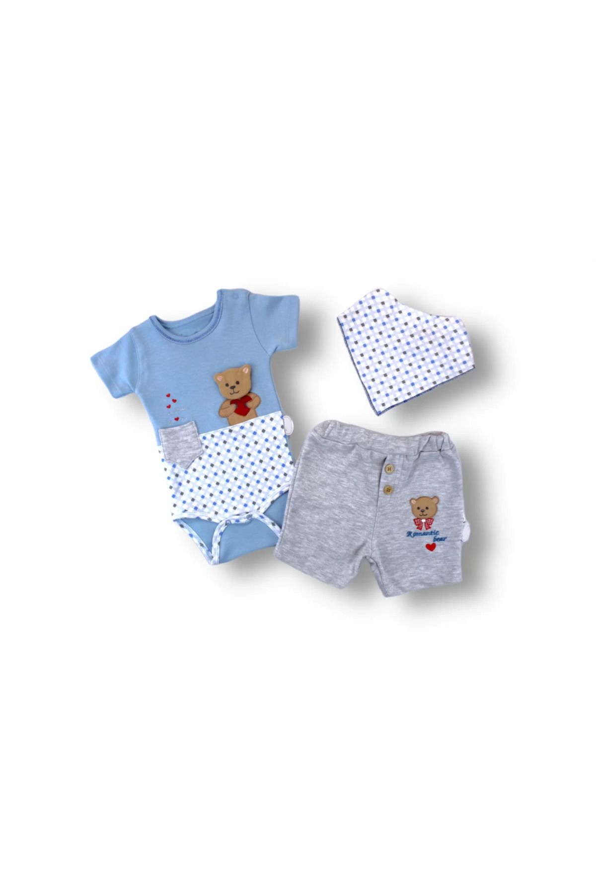 onlinebutik Romantik Ayıcık Nakışlı Bandajlı Kısa Kollu Zıbınlı 3lü Kız-erkek Bebek Takımı Mavi