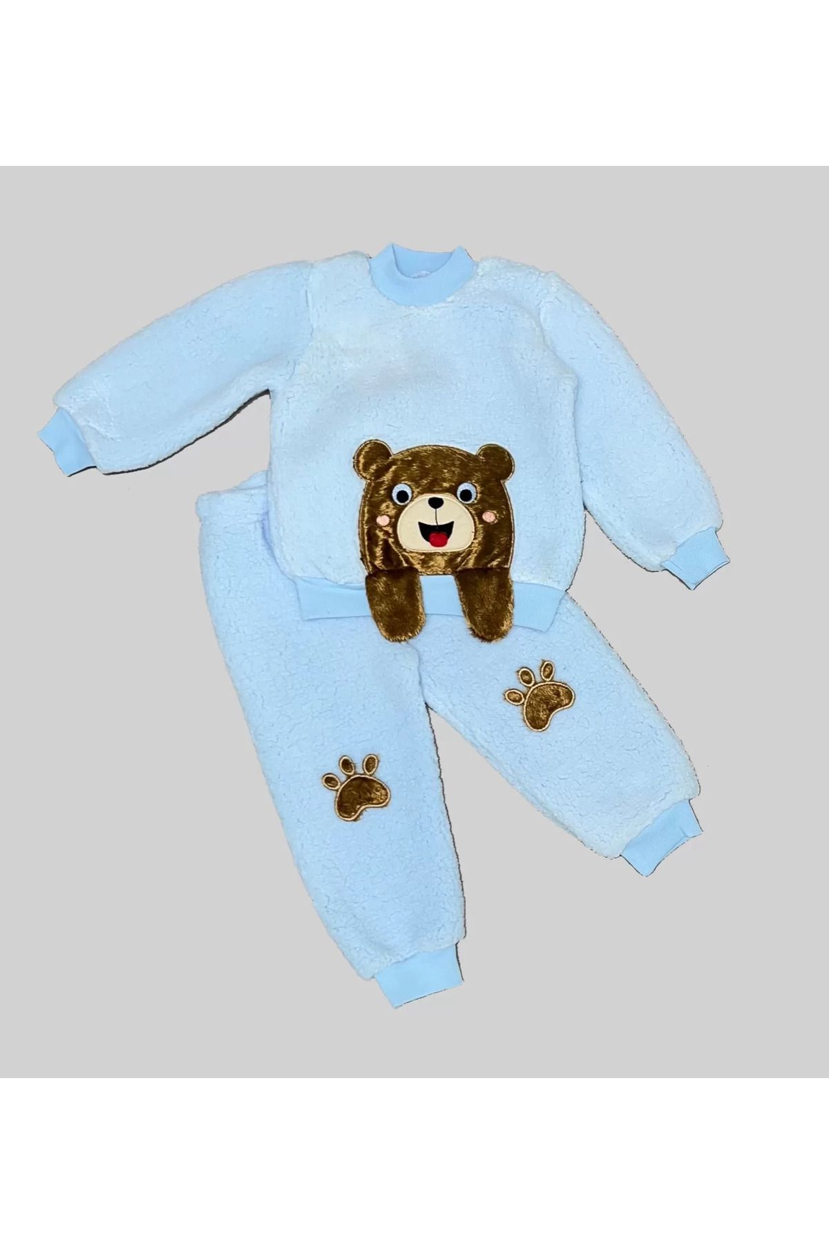 onlinebutik Sallanan El Ayıcıklı Kuzu Kumaş Sweat Patili Pantolon Uzun Kollu Kız Erkek 2 Li Takımı Mavi