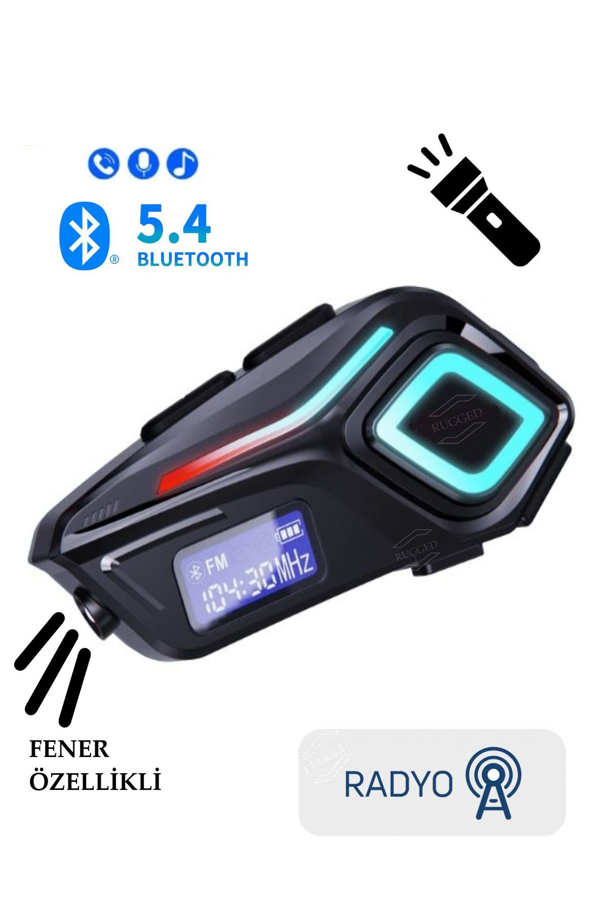 RUGGED FM Radyolu Fener Işık Özellikli Kask Kulaklık Su Geçirmez Bluetooth 5.4 Motosiklet Kask Kulaklığı