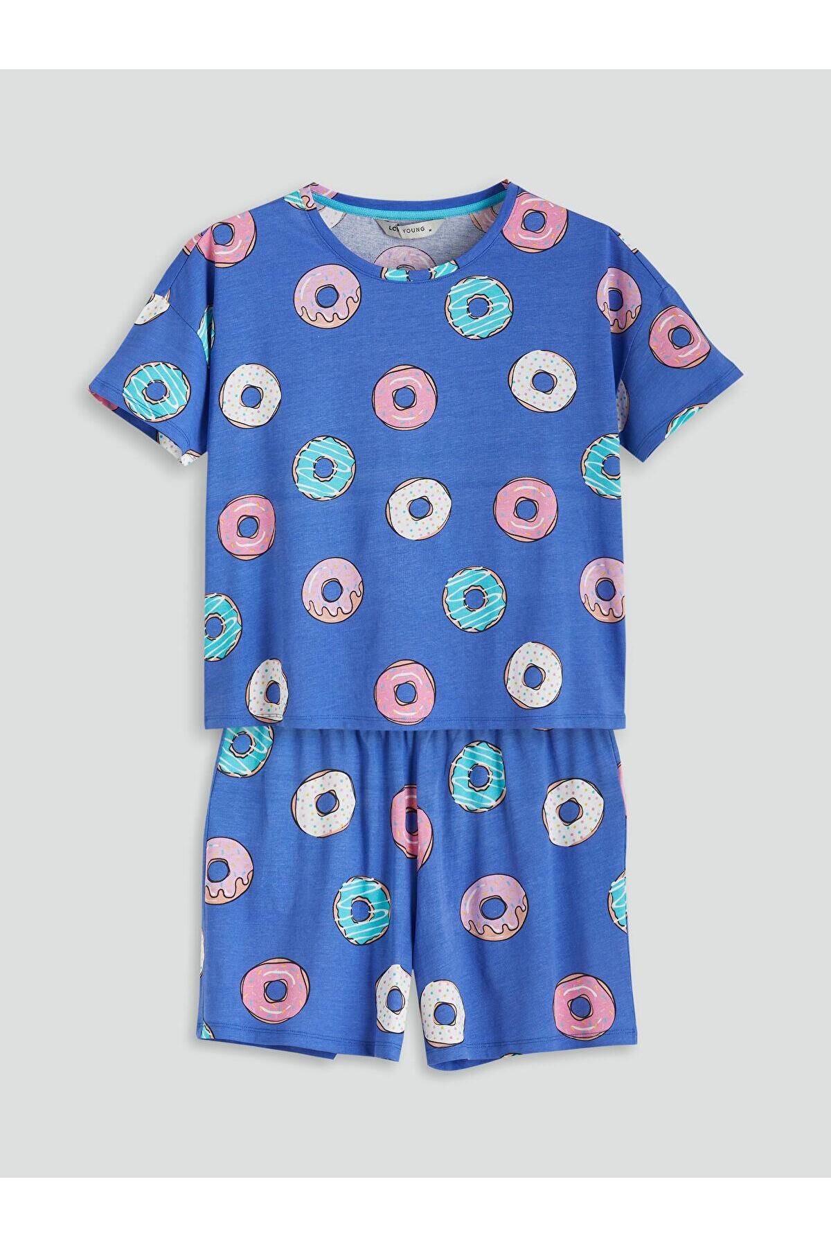 LC Waikiki LCW Young Bisiklet Yaka Desenli Kadın Şortlu Pijama Takımı (S5)