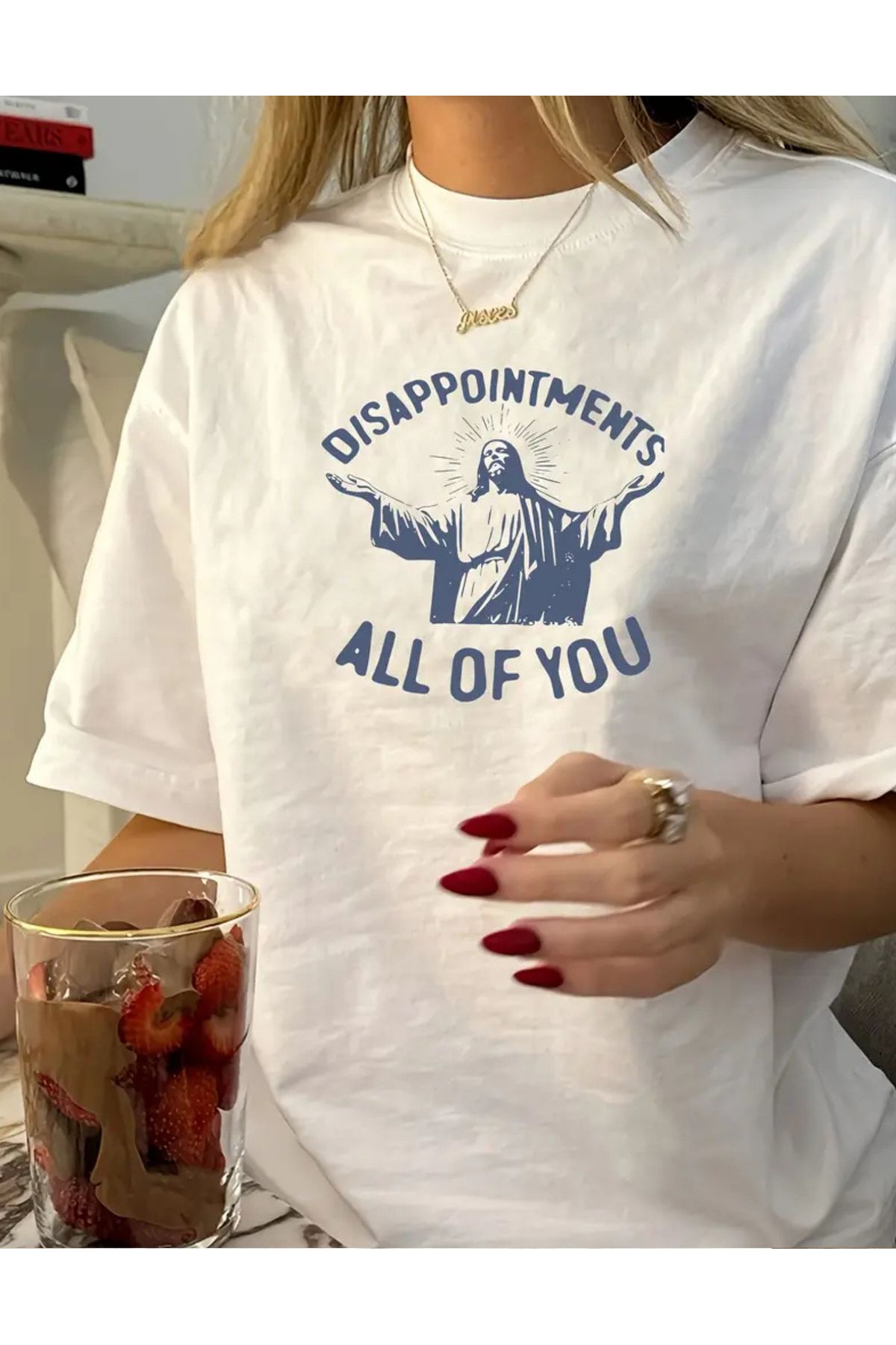 SAJA Unısex Kadın/Erkek Baskılı Oversize Düşük Kol Bisiklet Yaka T-Shirt