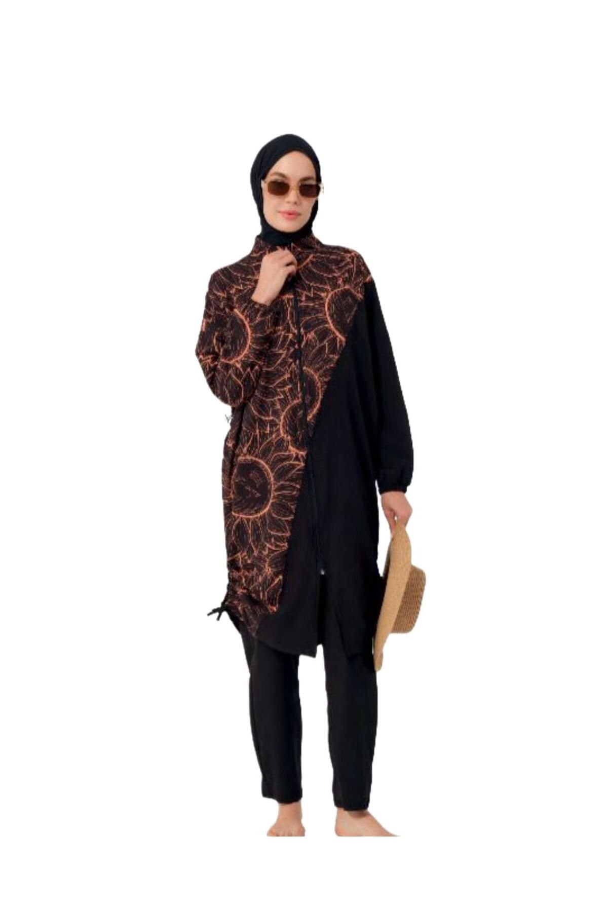 Lüx Wood 3018 KADIN DESENLİ TAM TESETTÜR MAYE SIYAH GÜMÜŞ SPURCU LİKRALI