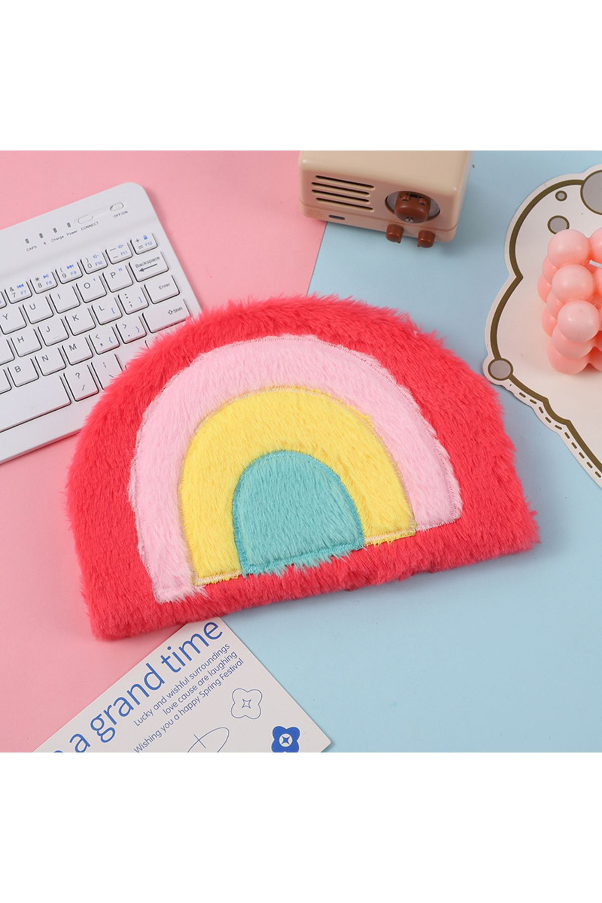 Livava Peluş Defter, Çizgili ve Gökkuşağı, 80 Yaprak, Kırmızı, 21x14 - Sürpriz Hediyeli