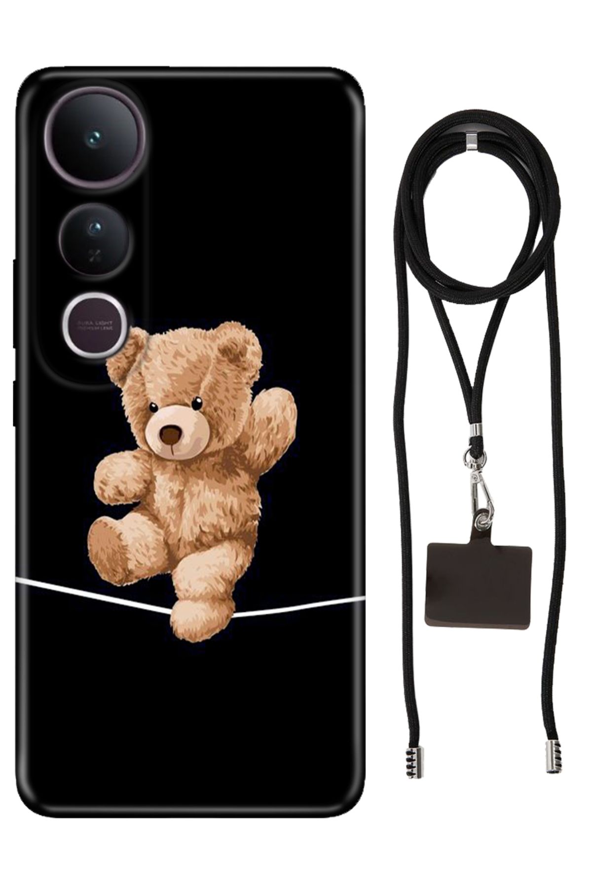 Cekuonline Vivo V50 Lite 5G Kılıf Silikon Teddy Bear Cambaz İpli Boyun Askısı uyumlu