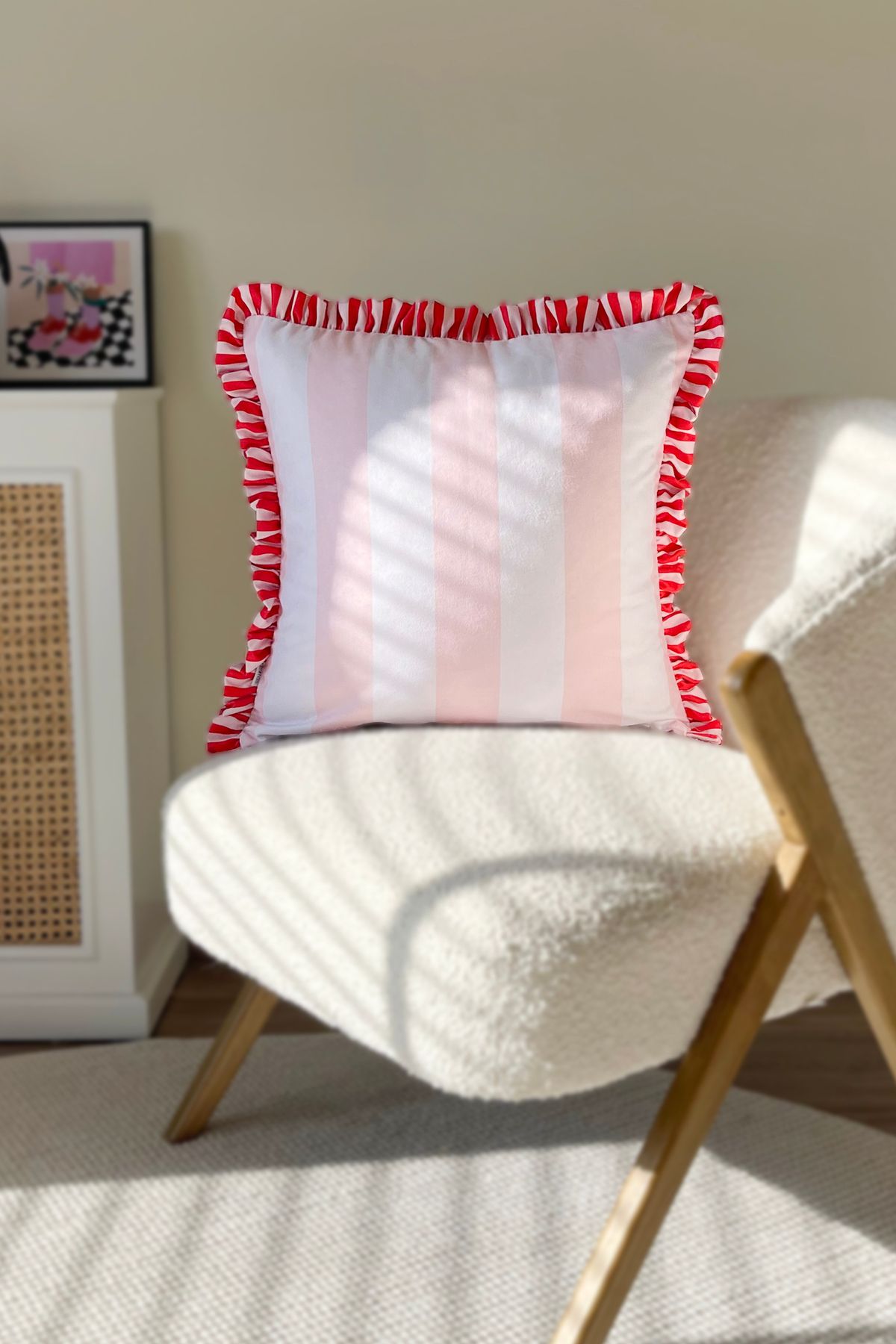 RİTMOHOME Çizgili Fırfırlı Vintage, Country, Iskandinav, Bohem 50x50 Dekoratif Yastık(İÇİ DOLGULU)