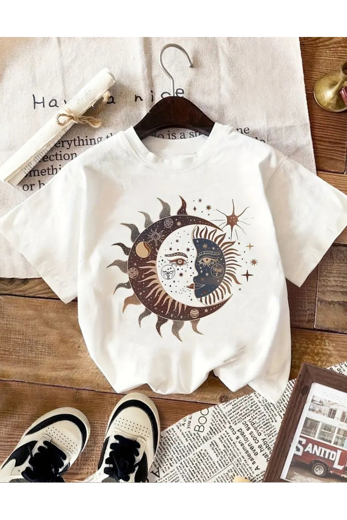 SAJA Unısex Kadın/Erkek Baskılı Oversize Düşük Kol Bisiklet Yaka T-Shirt