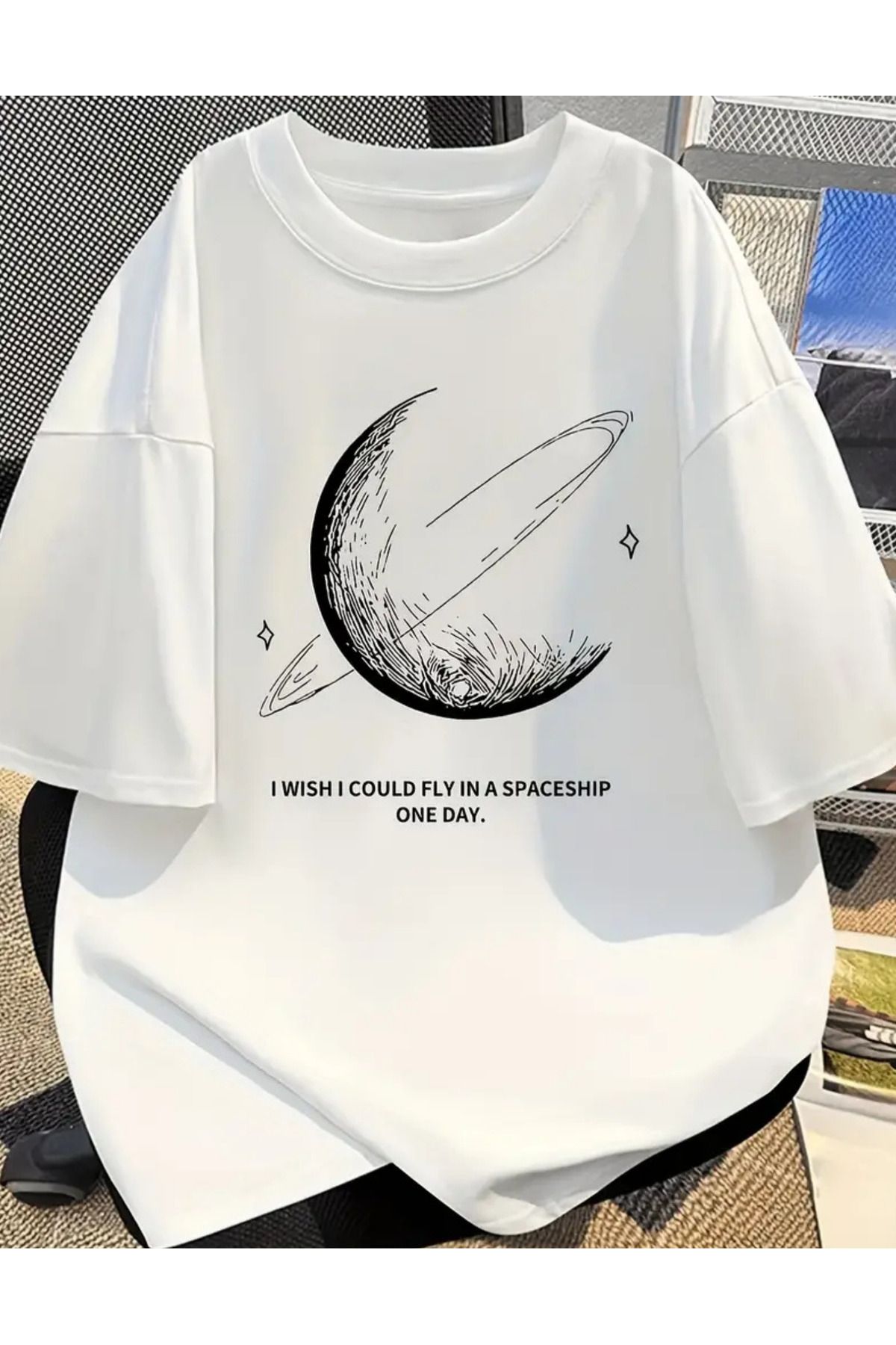 SAJA Unısex Kadın/Erkek Baskılı Oversize Düşük Kol Bisiklet Yaka T-Shirt