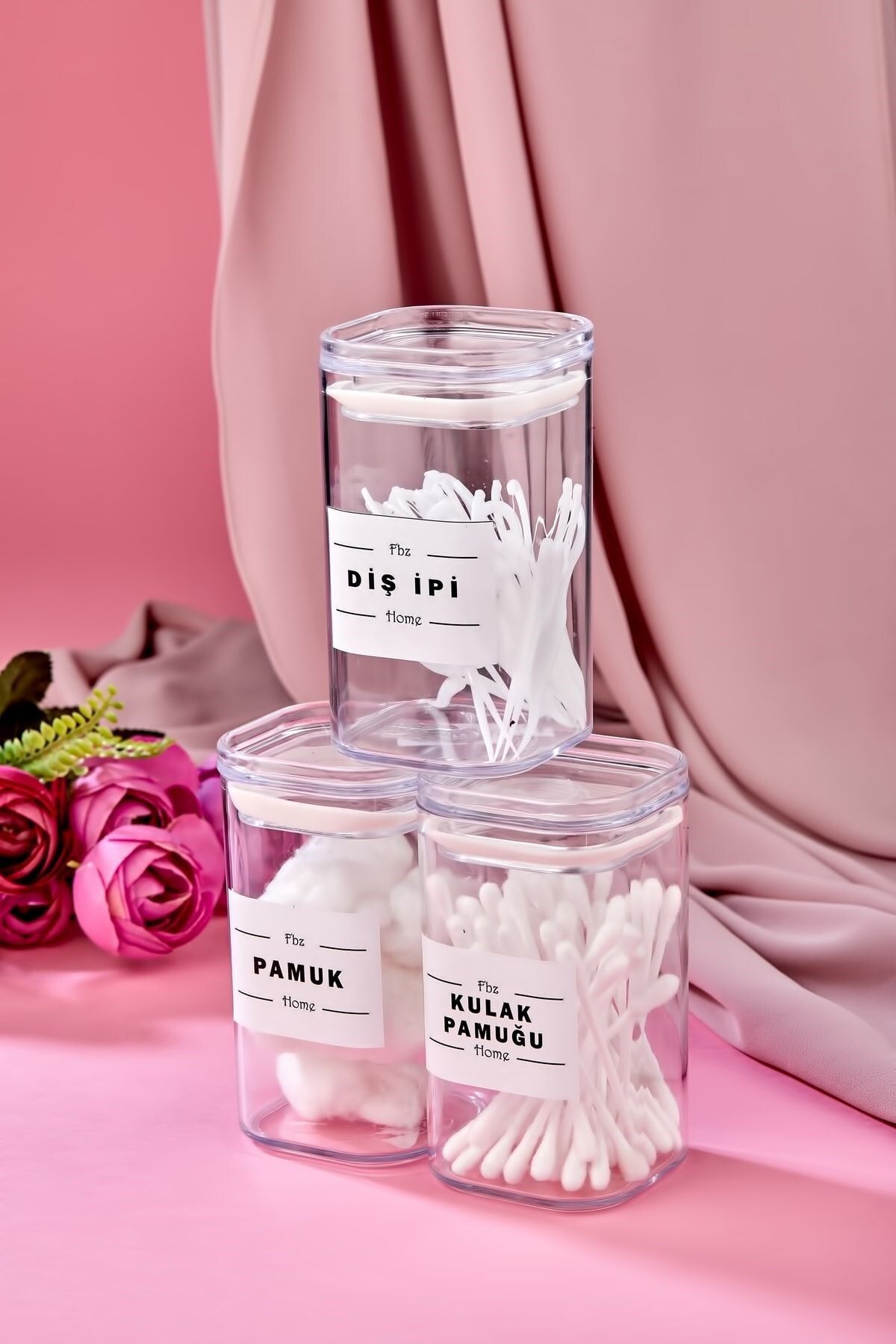 Carat Home 3'lü Kapaklı Akrilik Diş Ipi & Kulak Pamuğu & Pamuk Banyo Seti 250 Ml