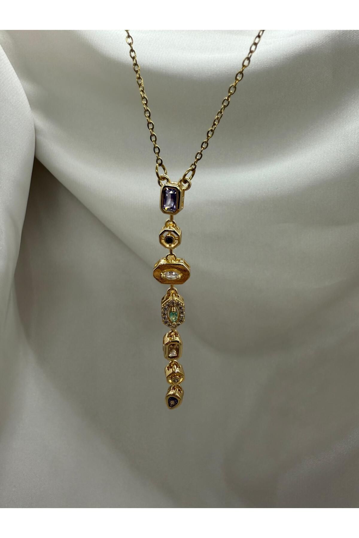Doa Jewellery Renkli Taşlı Y Tasarım Paslanmaz Çelik Kolye
