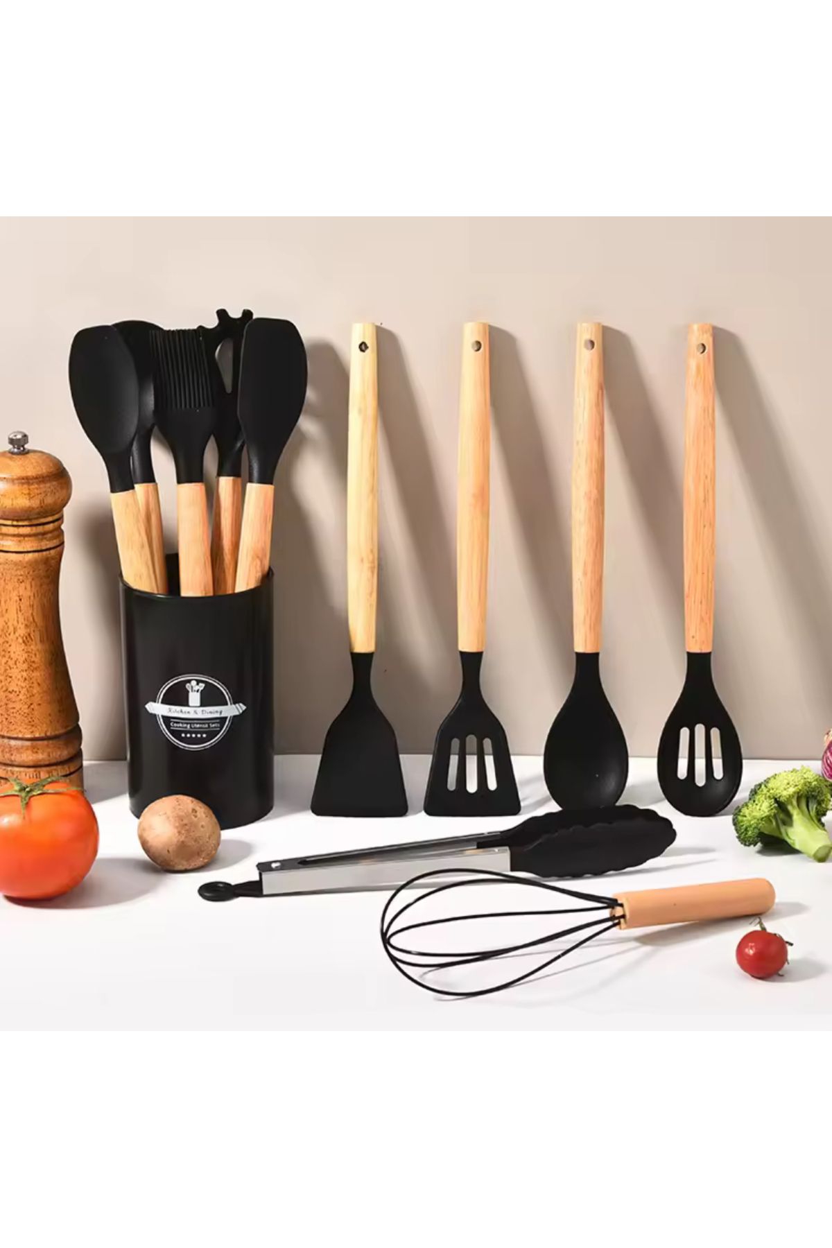 BKC HOME 13 Parça Silikon Kevgir Kepçe Çırpıcı Kaşık Fırça Spatula Maşa Servis Seti Bambu Saplı Mutfak Takımı