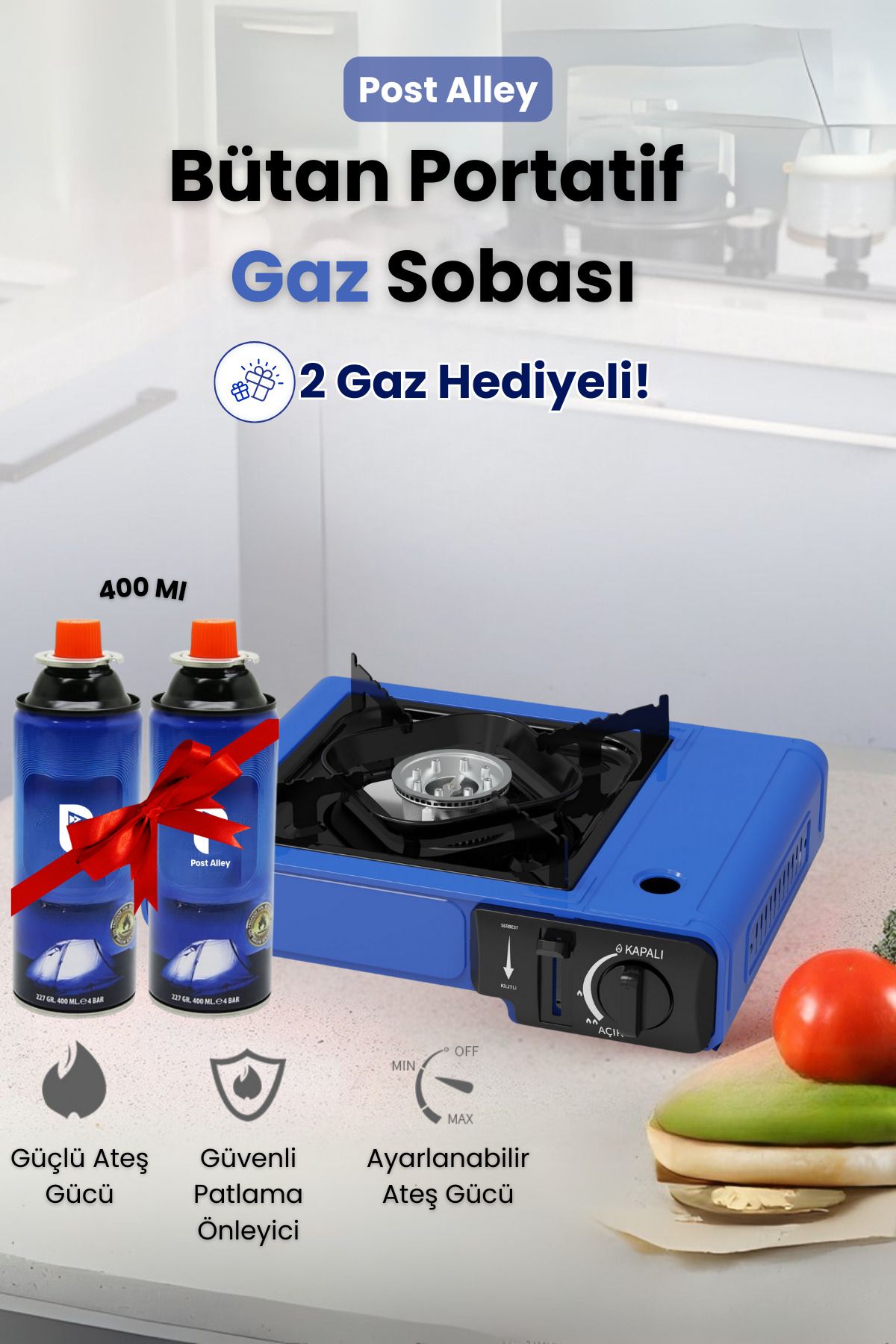 post alley Butan Portatif Gaz Sobası + 2 Adet Gaz