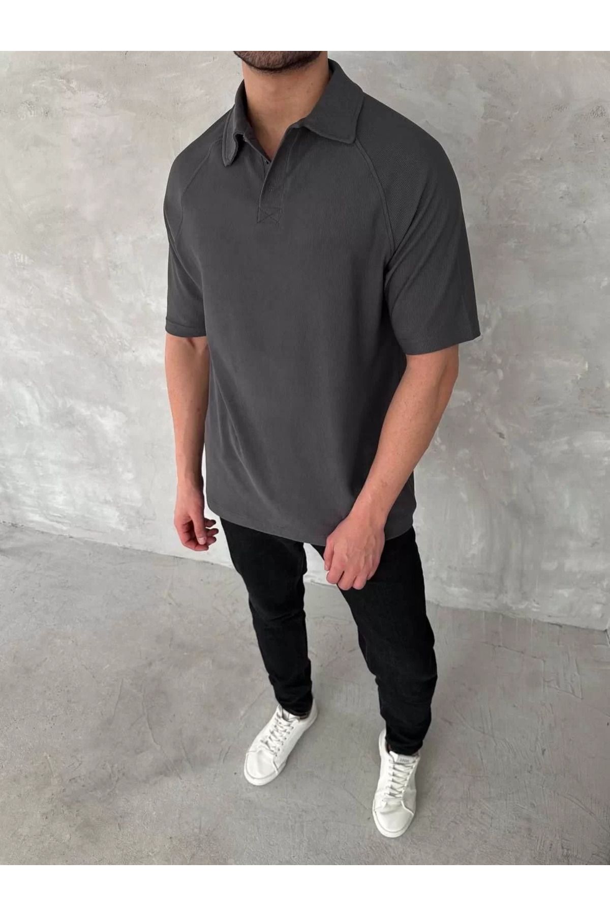 FantaziAtölyesi Yakalı Patlı Kısa Kol T-shirt - Antrasit